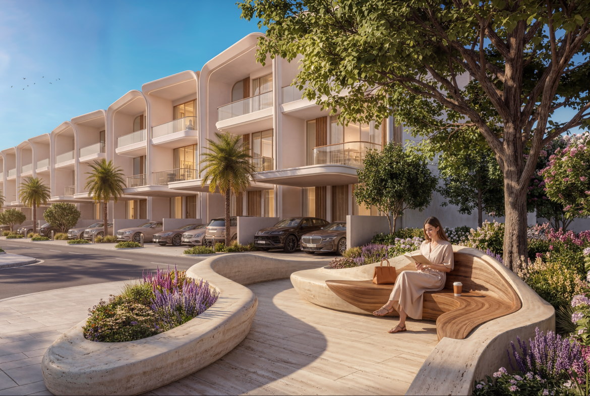 Landscaped townhouse street at Greenz by Danube