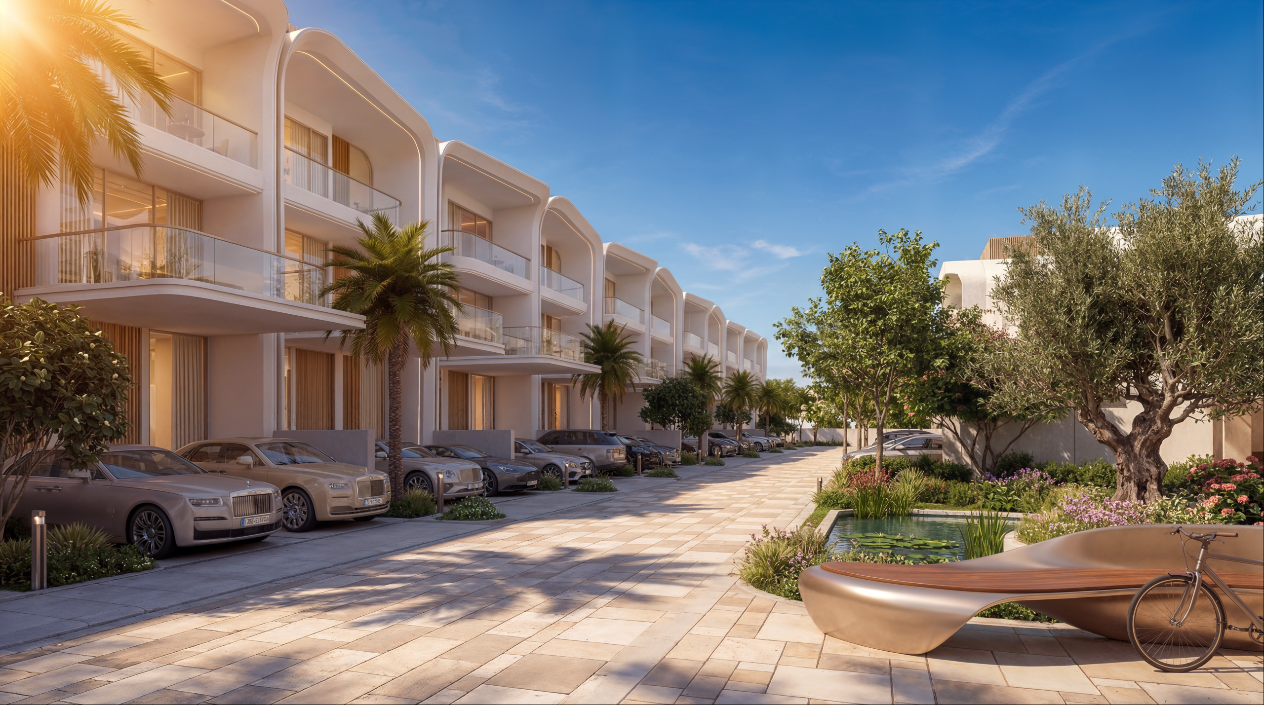 Greenz by Danube villas along a landscaped street at sunset