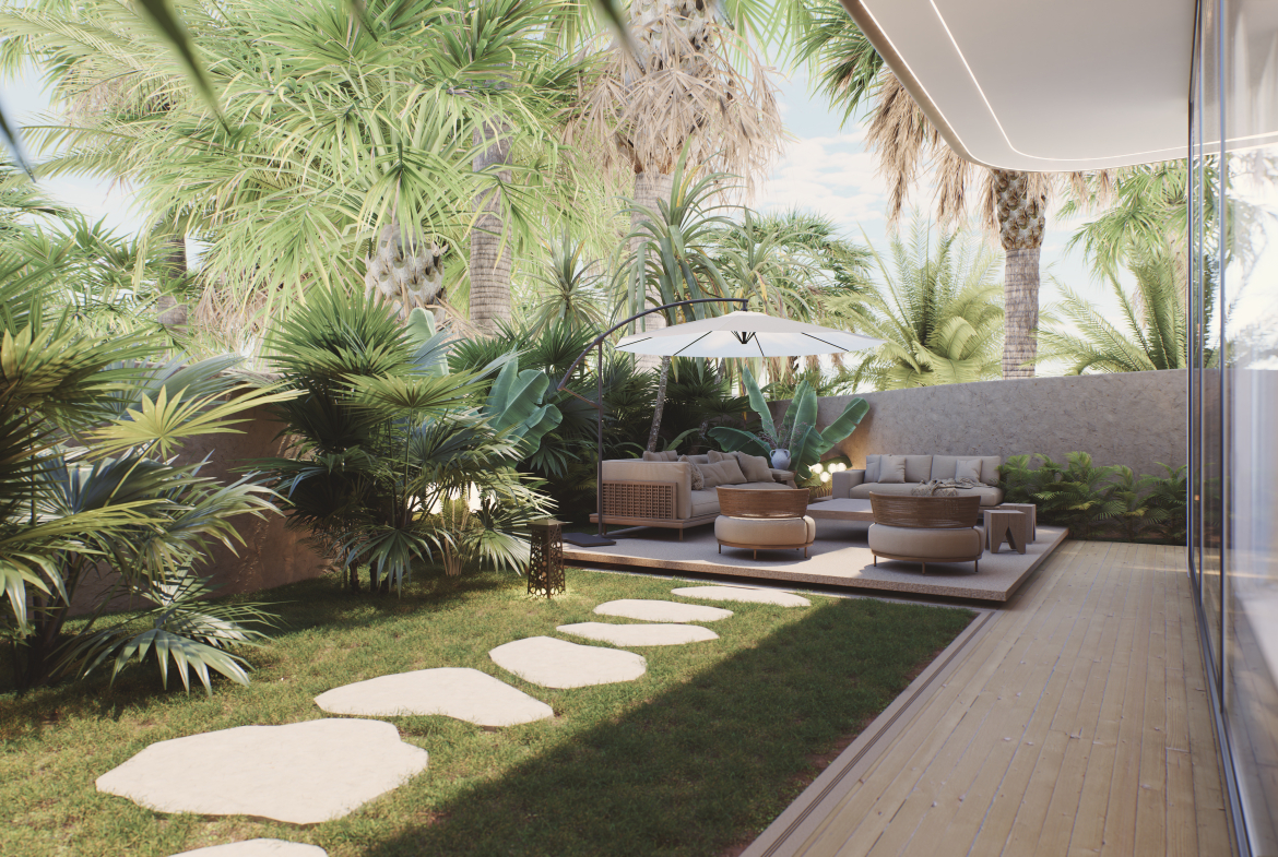 Landscaped private garden at Greenz by Danube