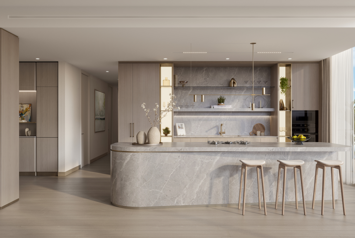 Kitchen in a three-bedroom residence at The Meriva Collection, Dubai Islands