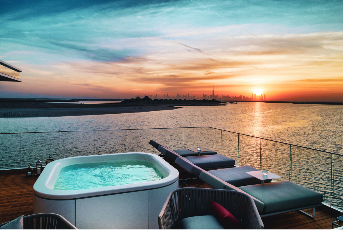 Dubai skyline at sunset from a Floating Seahorse villa