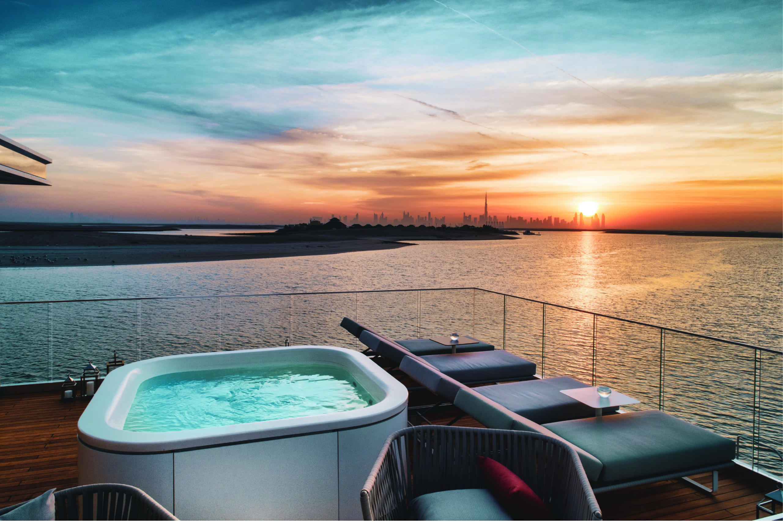 Dubai skyline at sunset from a Floating Seahorse villa