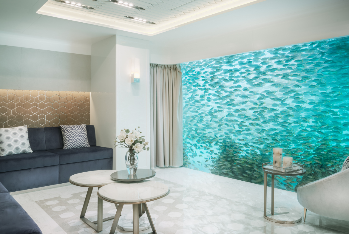 Floating Seahorse living room with aquarium at The Heart of Europe