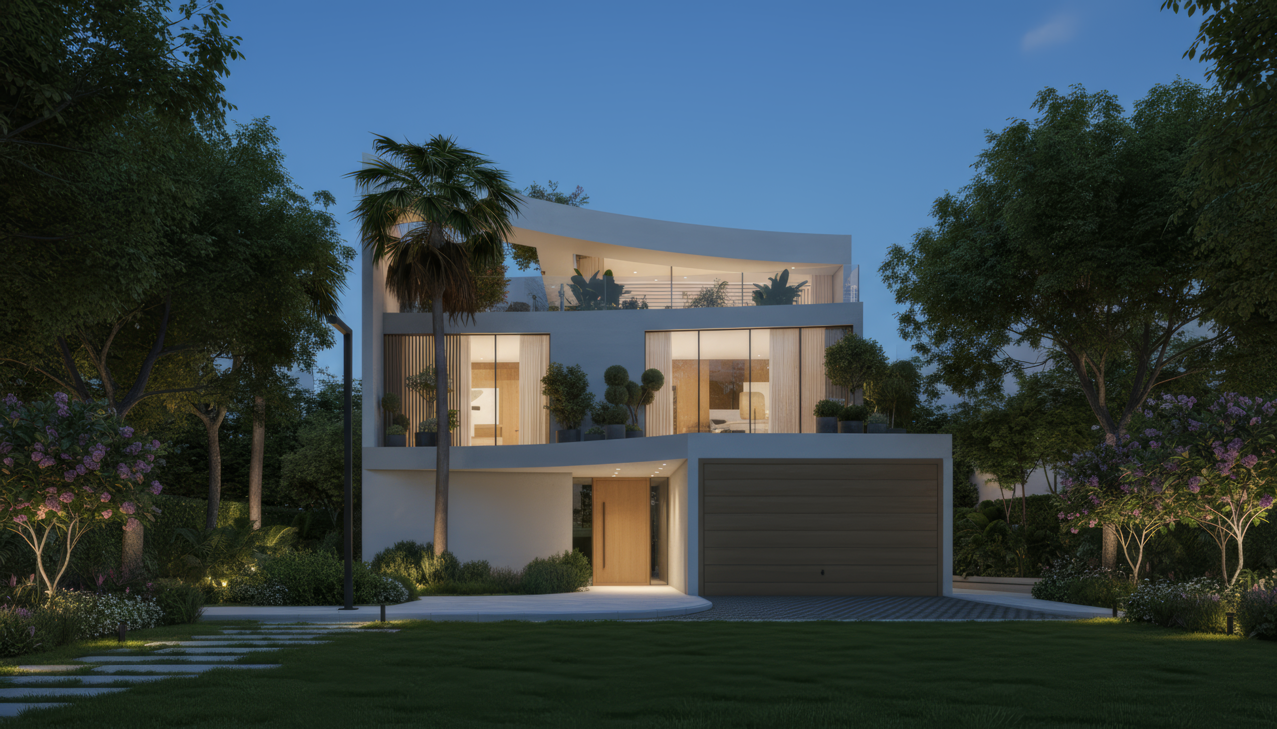 Lunaya by Zaya villa exterior at dusk in Dubai