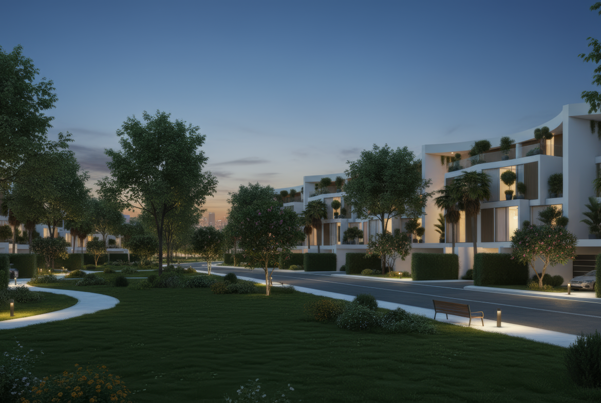 Landscaped Lunaya by Zaya residential community at dusk