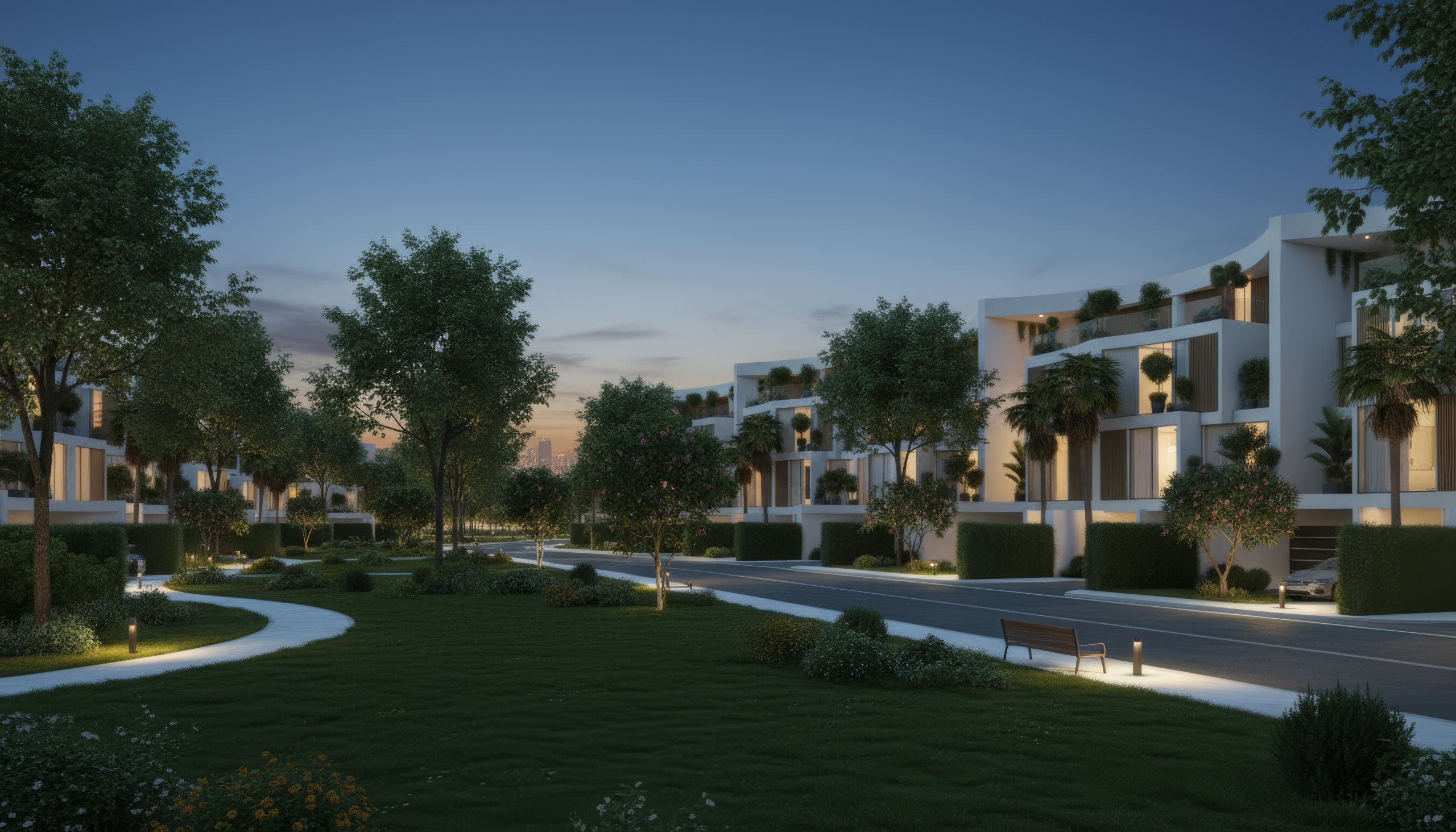 Landscaped Lunaya by Zaya residential community at dusk