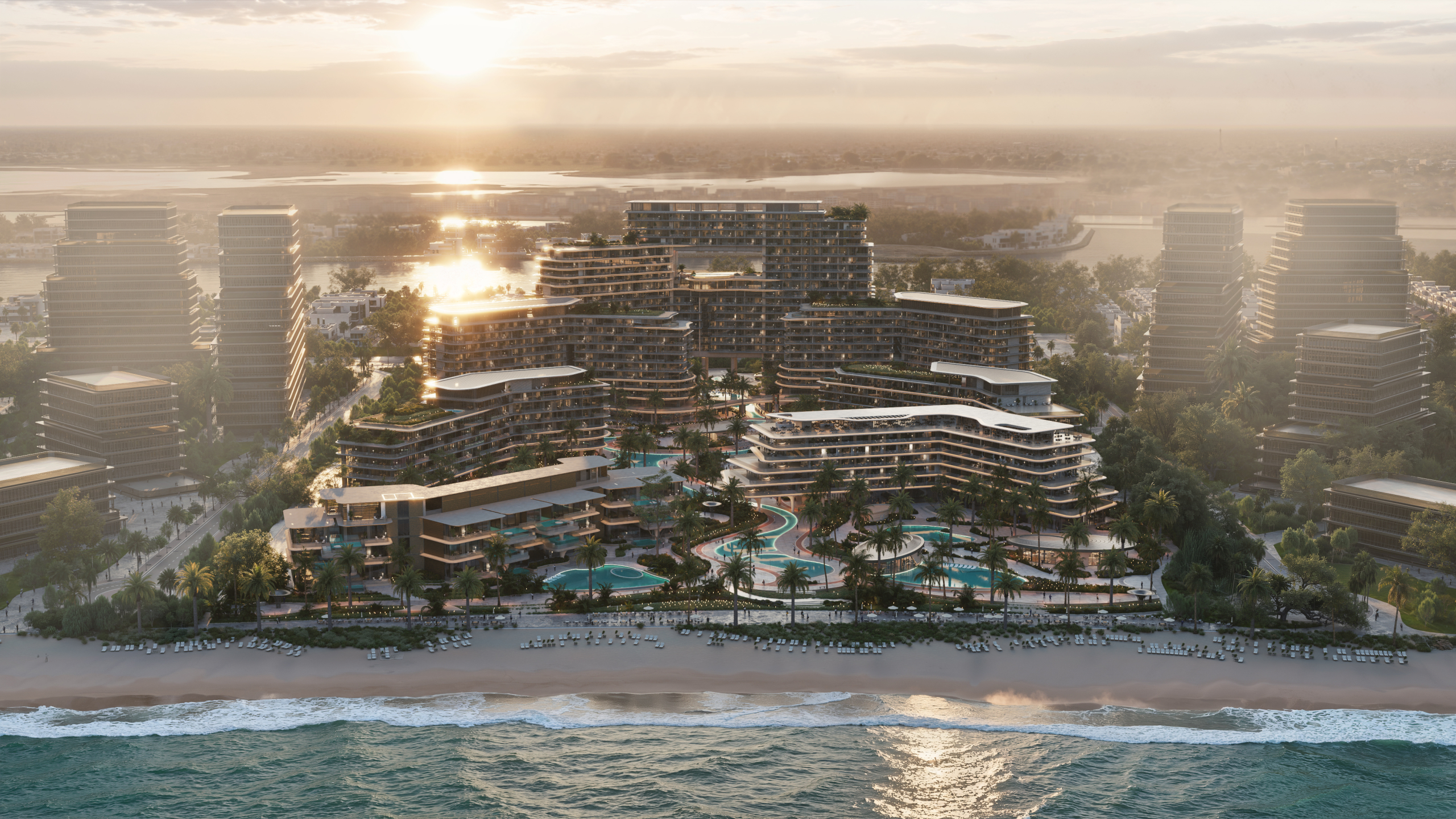 The Meriva Collection — Aerial Beachfront View Aerial view of The Meriva Collection beachfront development on Dubai Islands