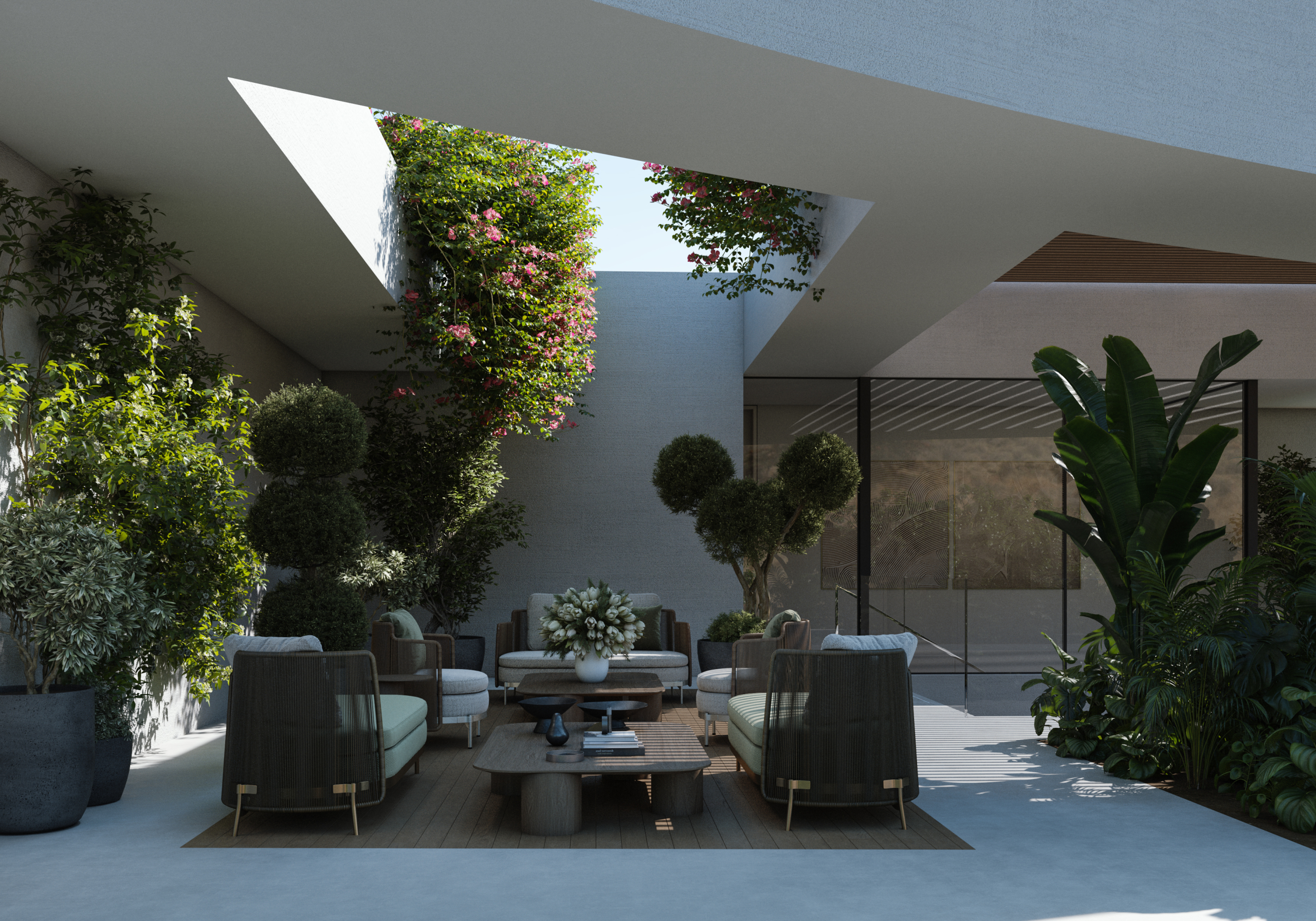 Roof garden and landscaped view from a Lunaya residence