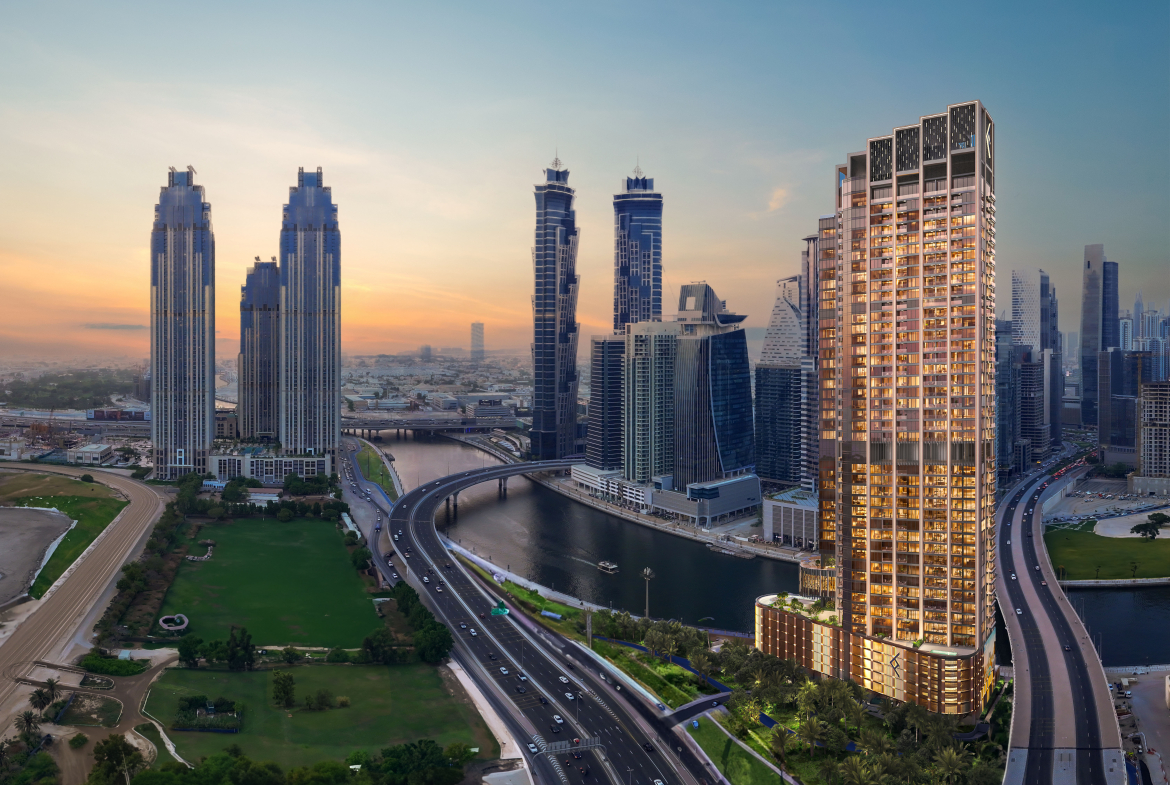 Aerial view of One River Point and Dubai Canal