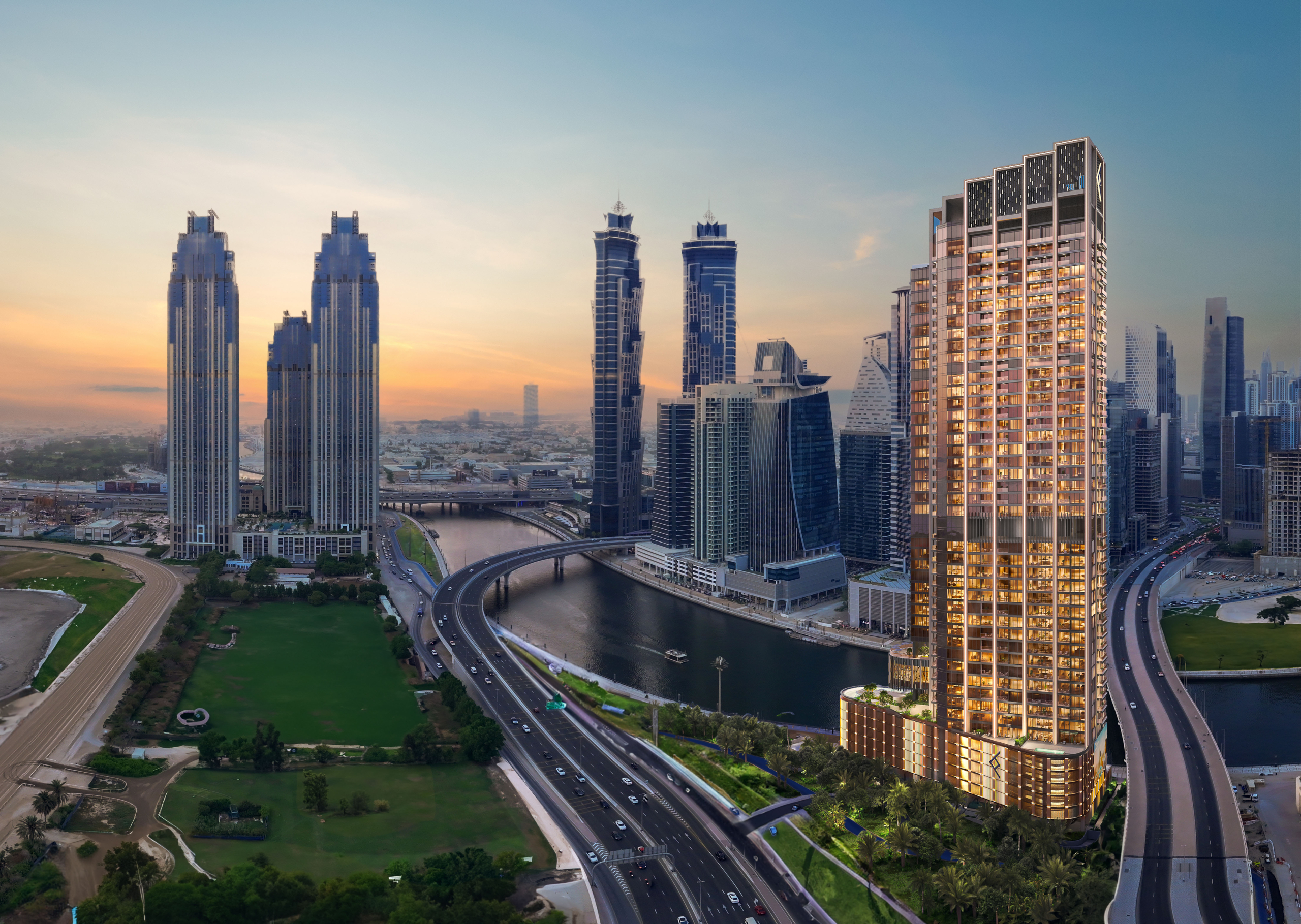 Aerial view of One River Point and Dubai Canal