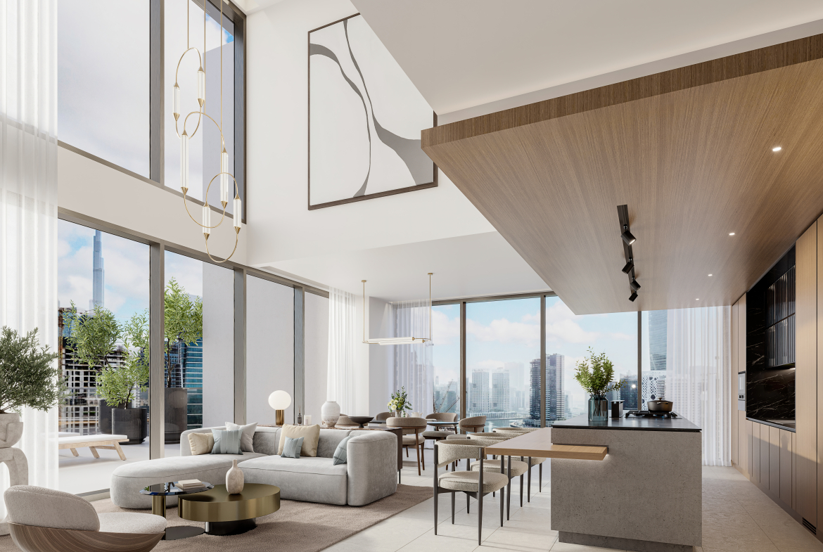 One River Point duplex living and dining area