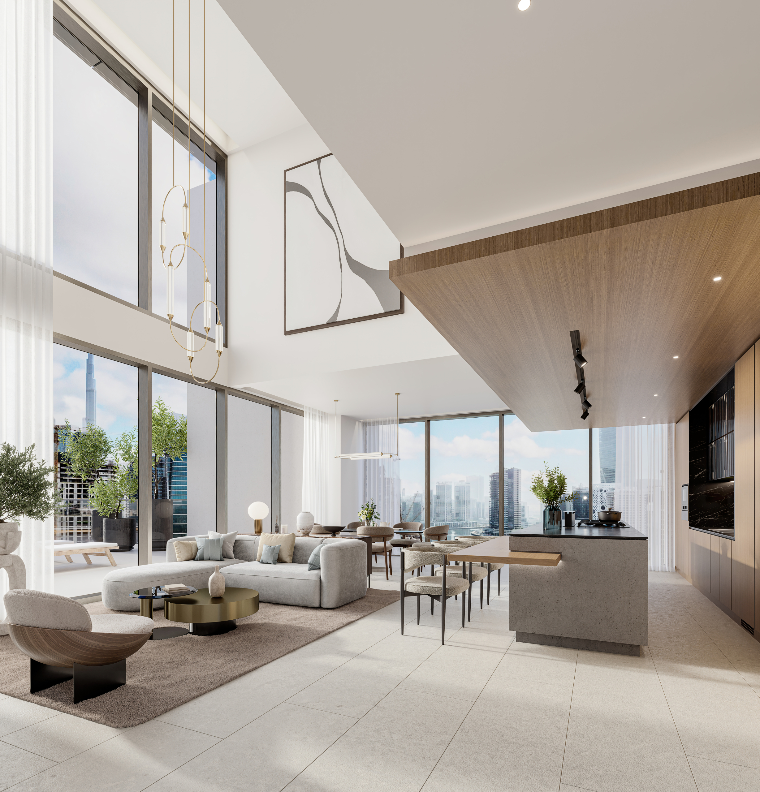 One River Point duplex living and dining area