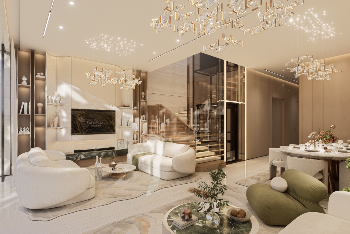 Double-height living room with private garden at Greenz by Danube