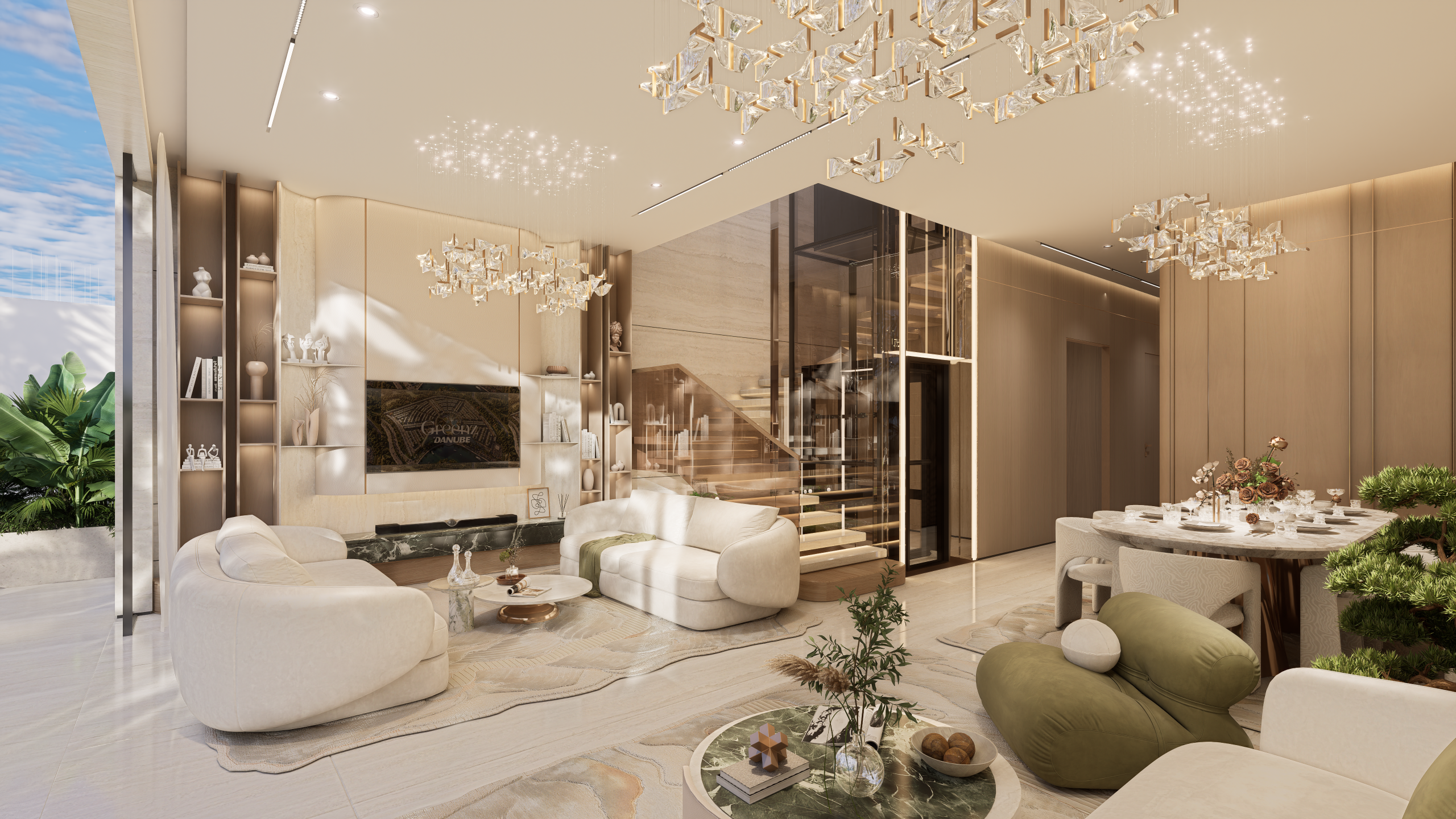 Double-height living room with private garden at Greenz by Danube