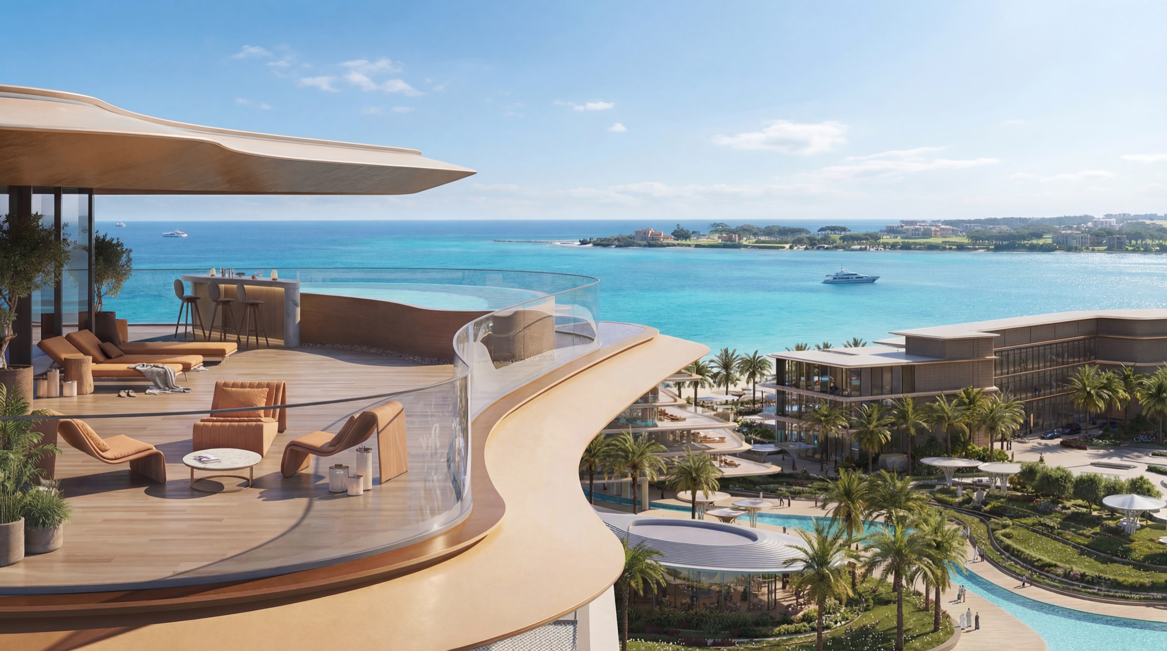 The Meriva Collection — Penthouse Terrace Penthouse terrace overlooking the waterfront at The Meriva Collection, Dubai Islands