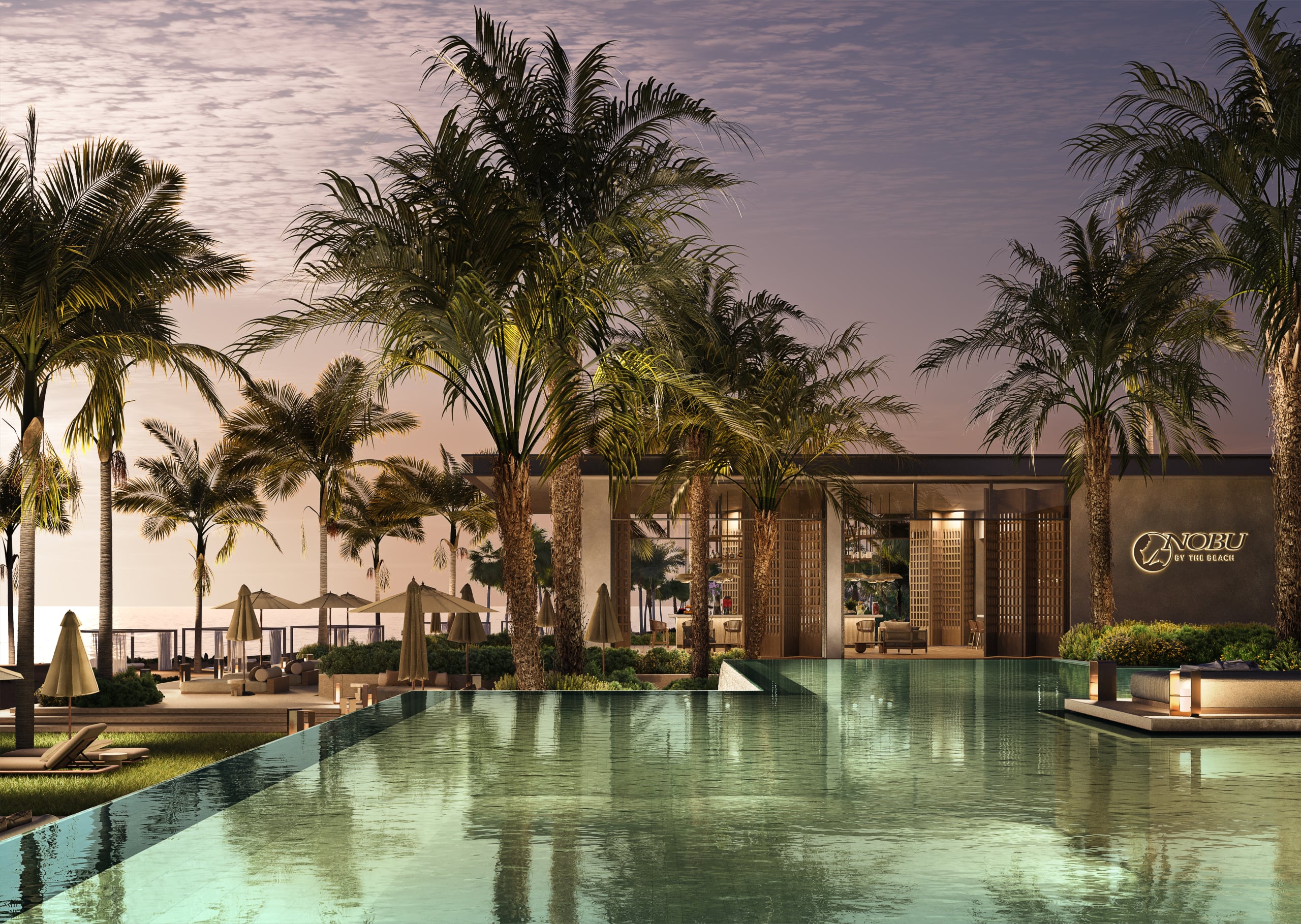 Nobu By The Beach_Dusk_Updated Logo 4 Bedroom Luxury Residence — Nobu Residences,Al Marjan Island