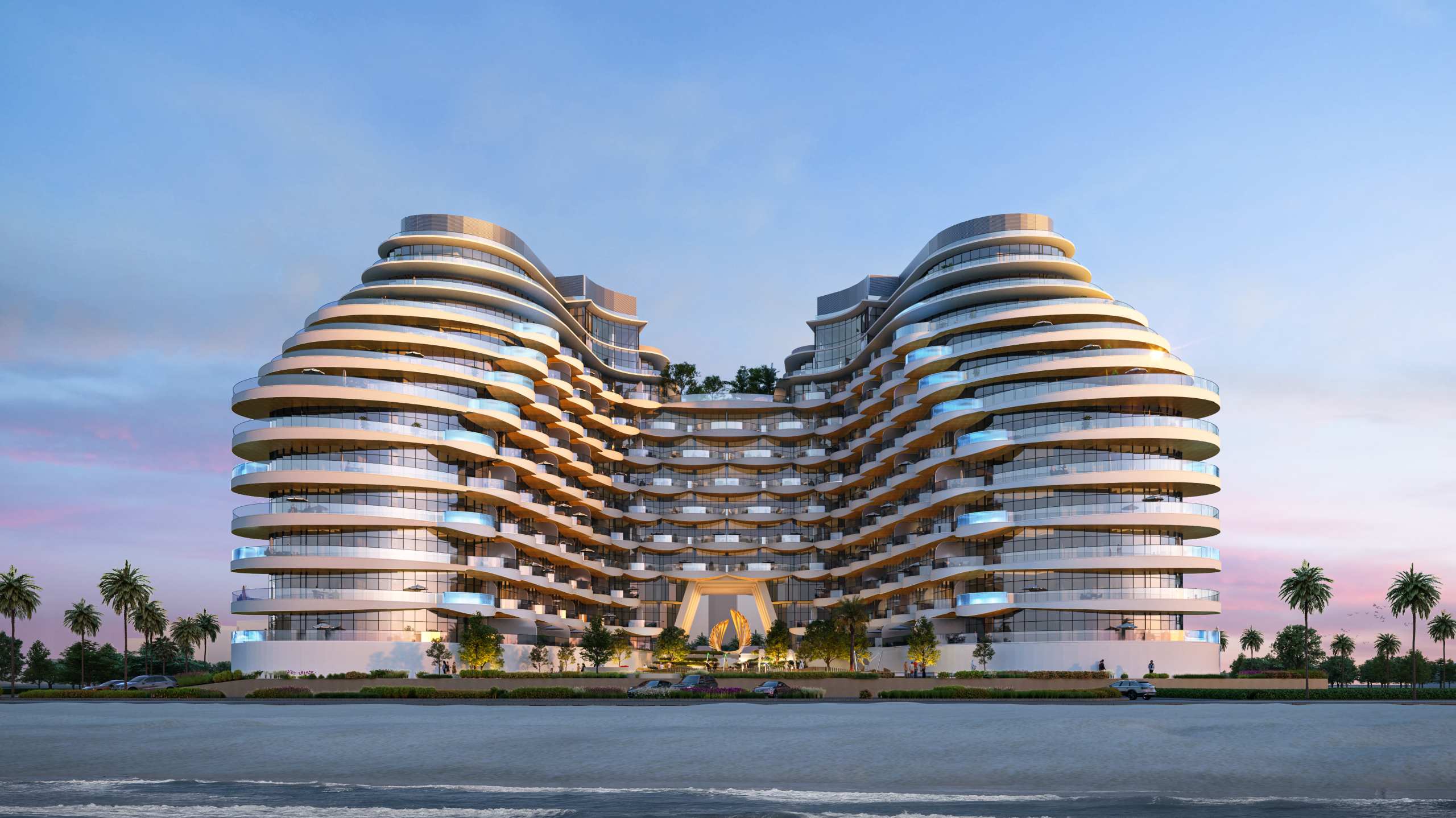 Exterior render of Aqua Arc on Al Marjan Island, view 2
