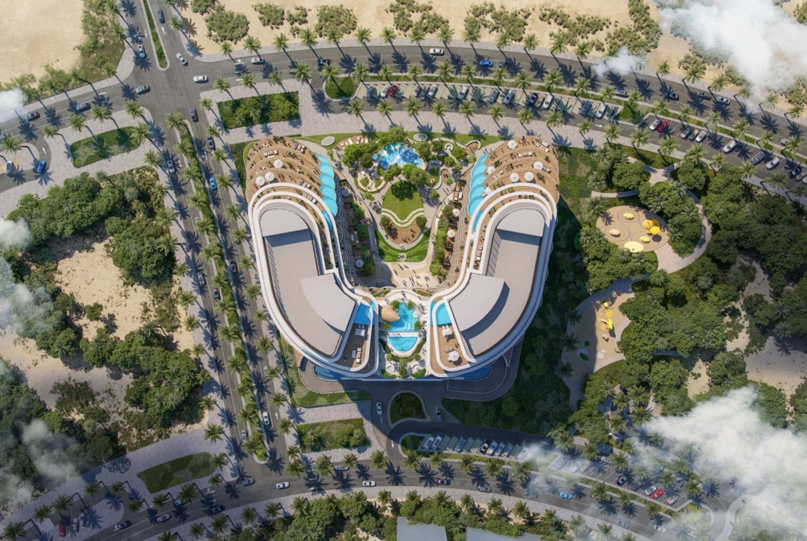 Exterior render of Aqua Arc on Al Marjan Island, view 3