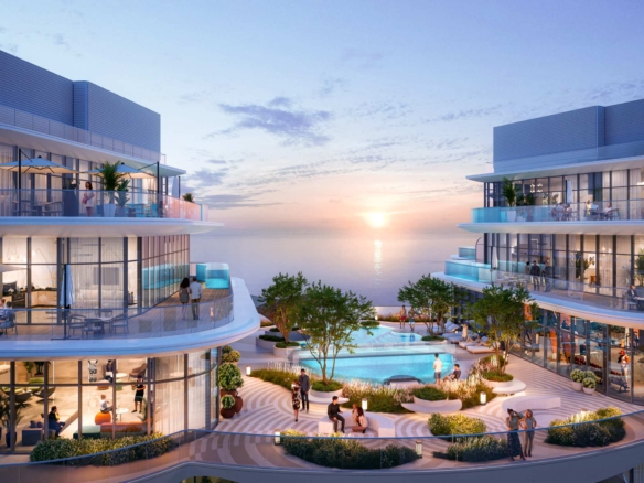 Sunset courtyard render of Aqua Arc on Al Marjan Island