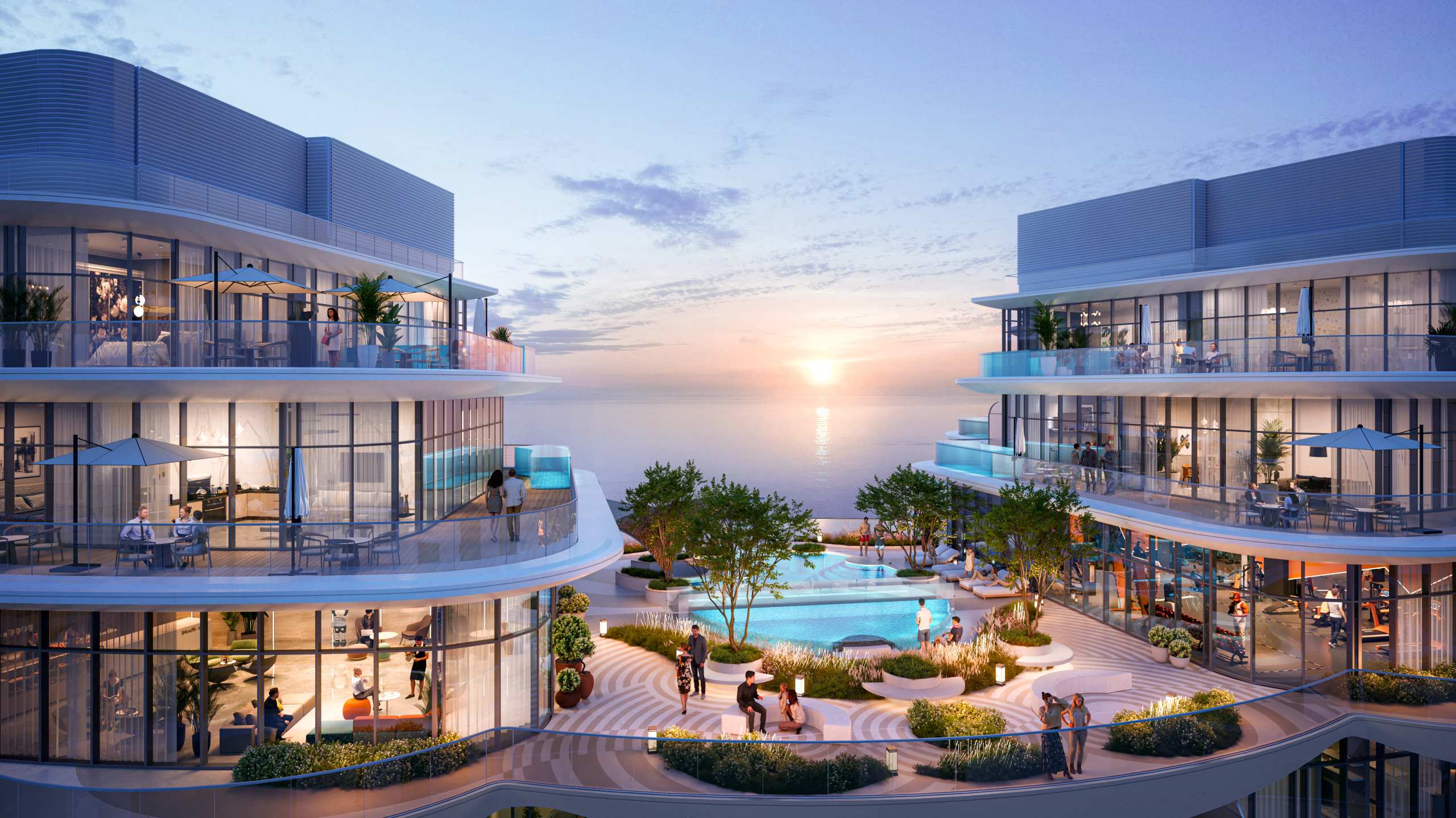 Sunset courtyard render of Aqua Arc on Al Marjan Island