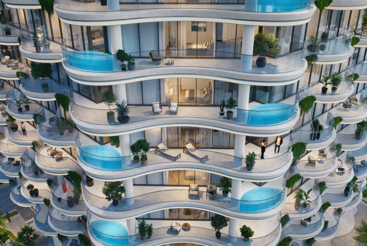 Curved balconies and waterfront exterior at Aqua Maya on Al Marjan Island