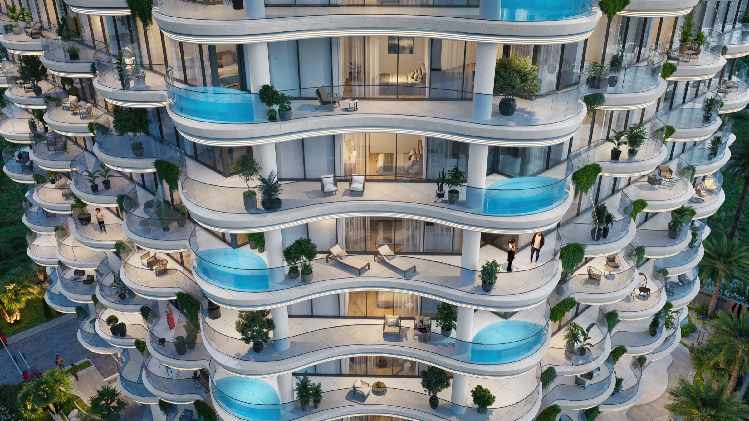 Curved balconies and waterfront exterior at Aqua Maya on Al Marjan Island