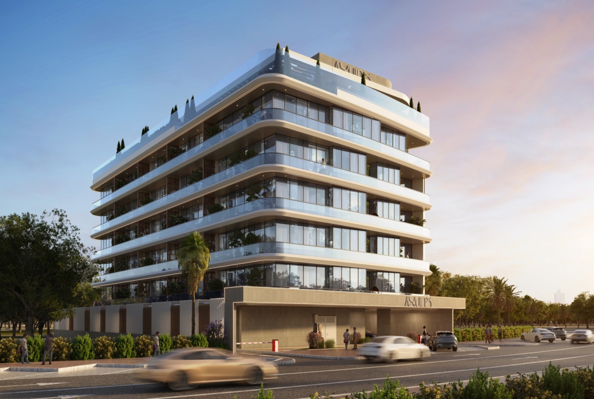 Aquino residential exterior at golden hour on Al Marjan Island