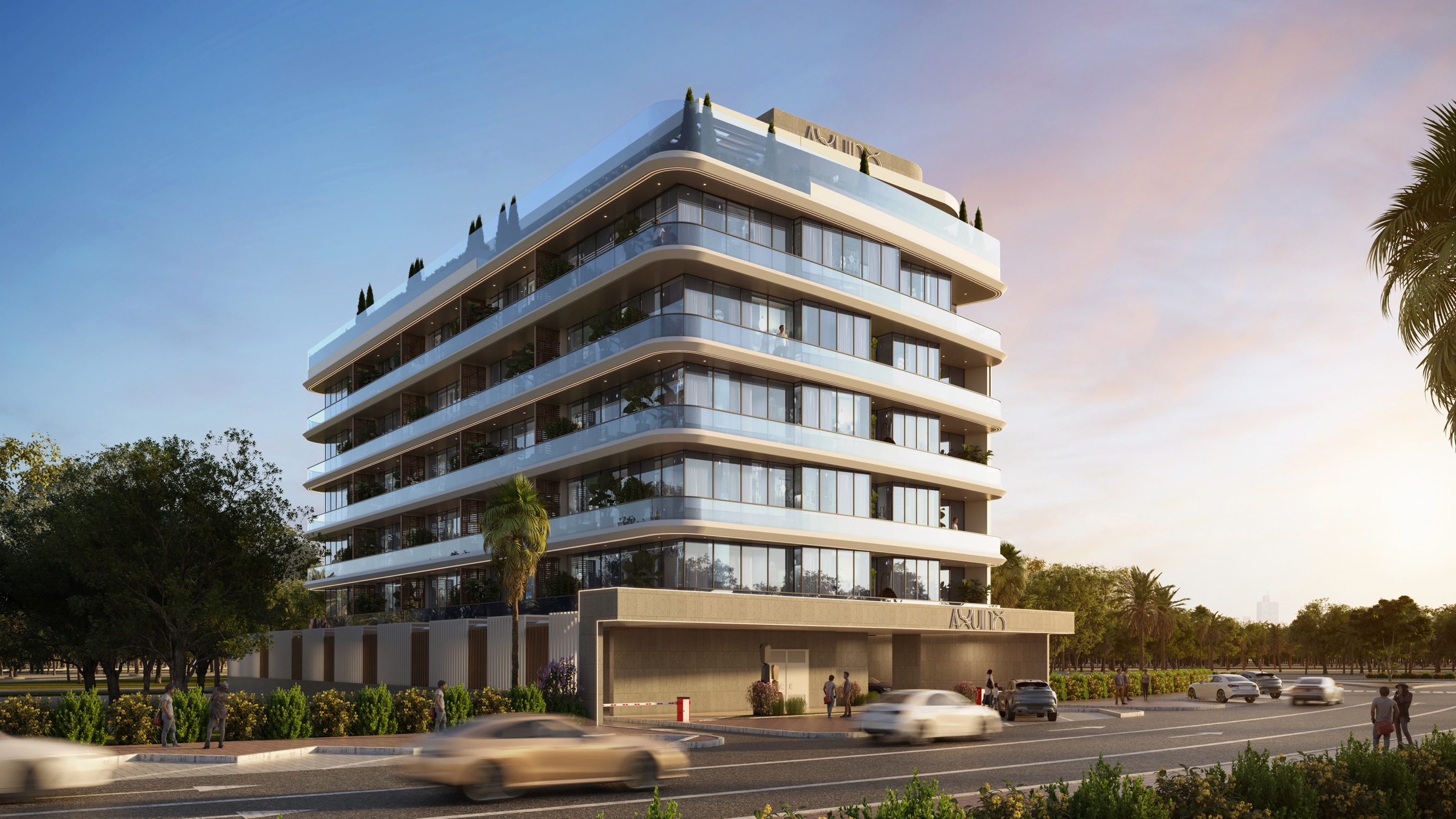 Aquino golden-hour exterior Aquino residential exterior at golden hour on Al Marjan Island