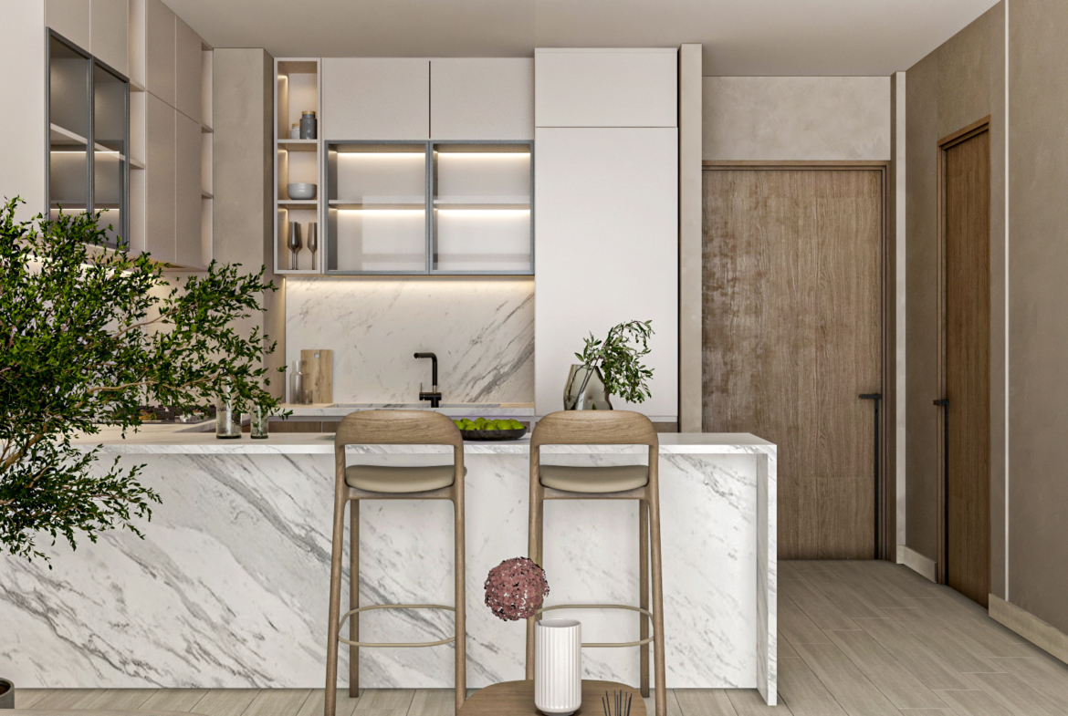 Kitchen and dining area in an Aquino one-bedroom residence