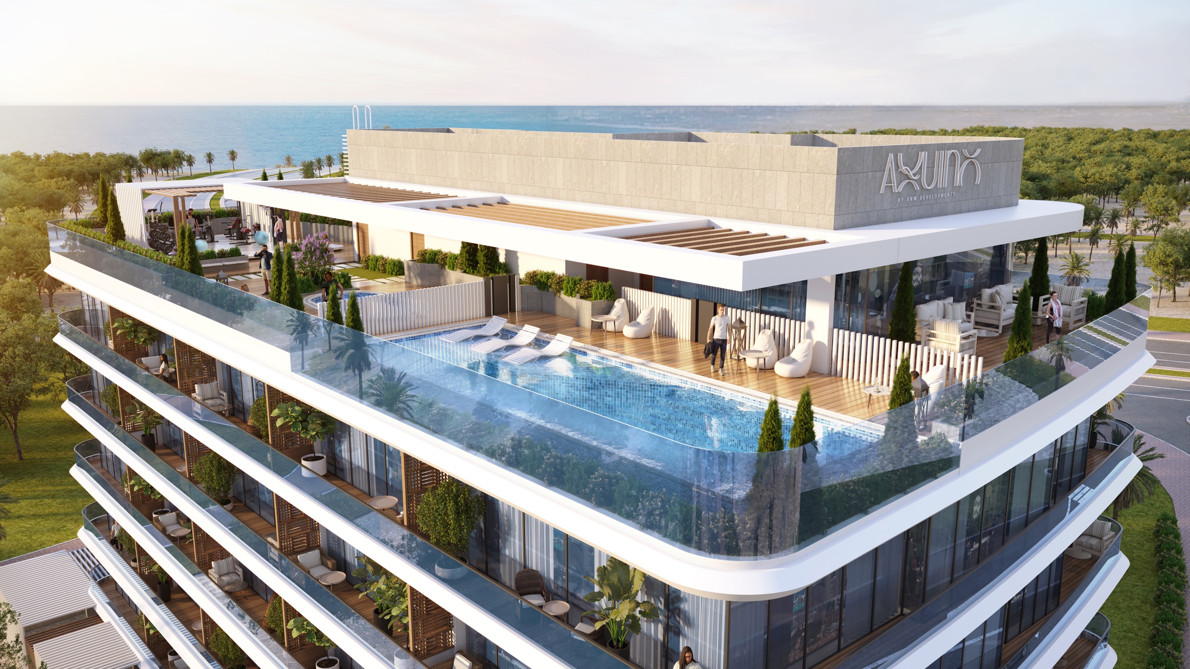 Aquino rooftop pool aerial Aerial view of Aquino rooftop pool and architecture on Al Marjan Island