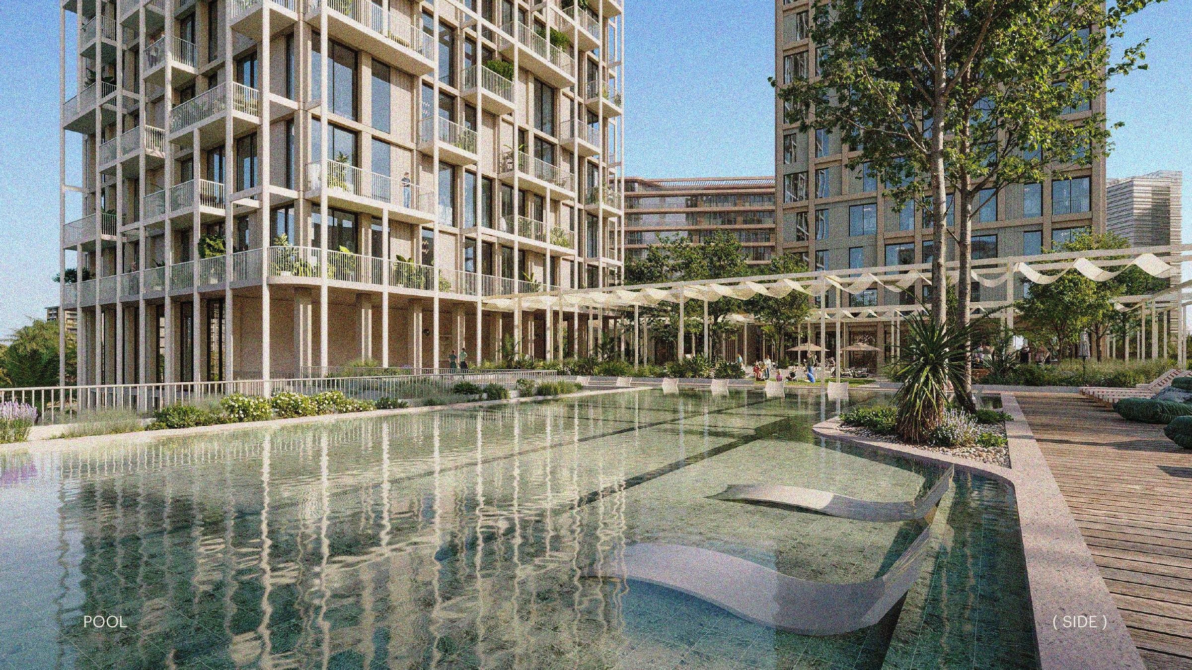 ENTA swimming pool courtyard ENTA Mina swimming pool and landscaped residential courtyard