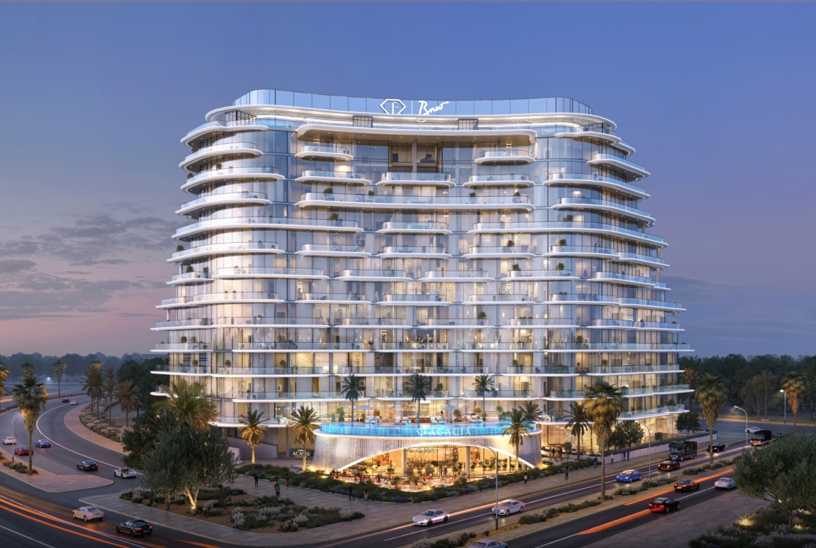 FashionTV Acacia residential exterior at dusk on Al Marjan Island