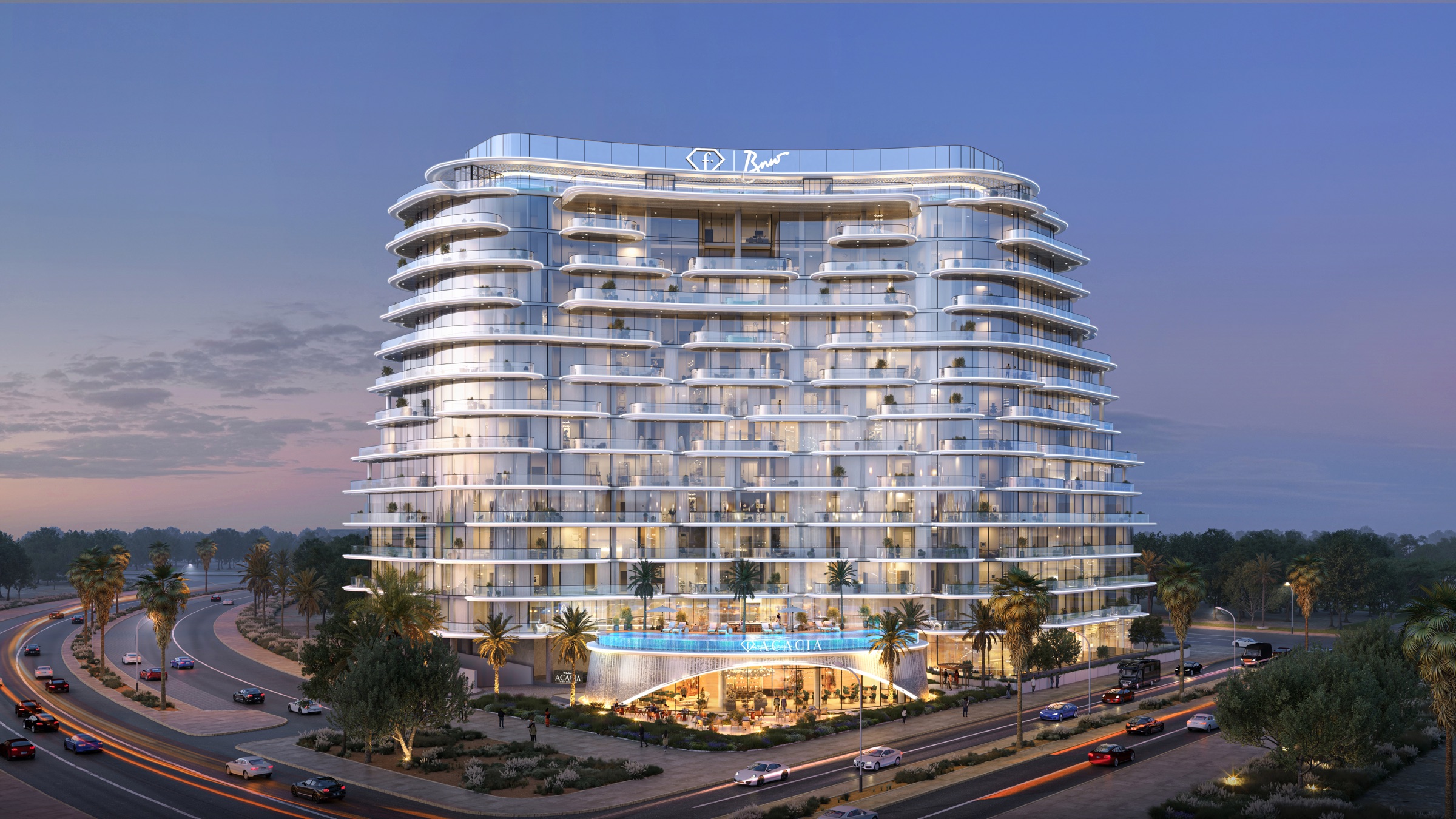 FashionTV Acacia residential exterior at dusk on Al Marjan Island