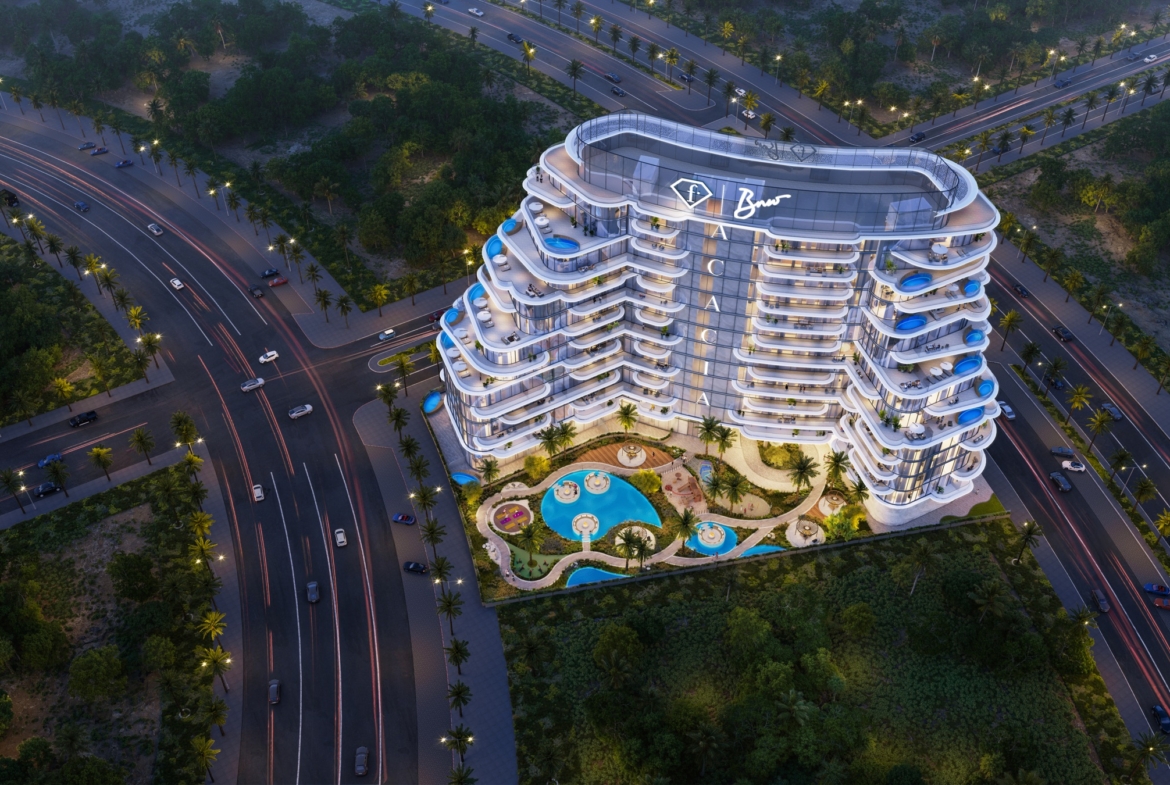 Night aerial view of FashionTV Acacia and its amenity setting on Al Marjan Island