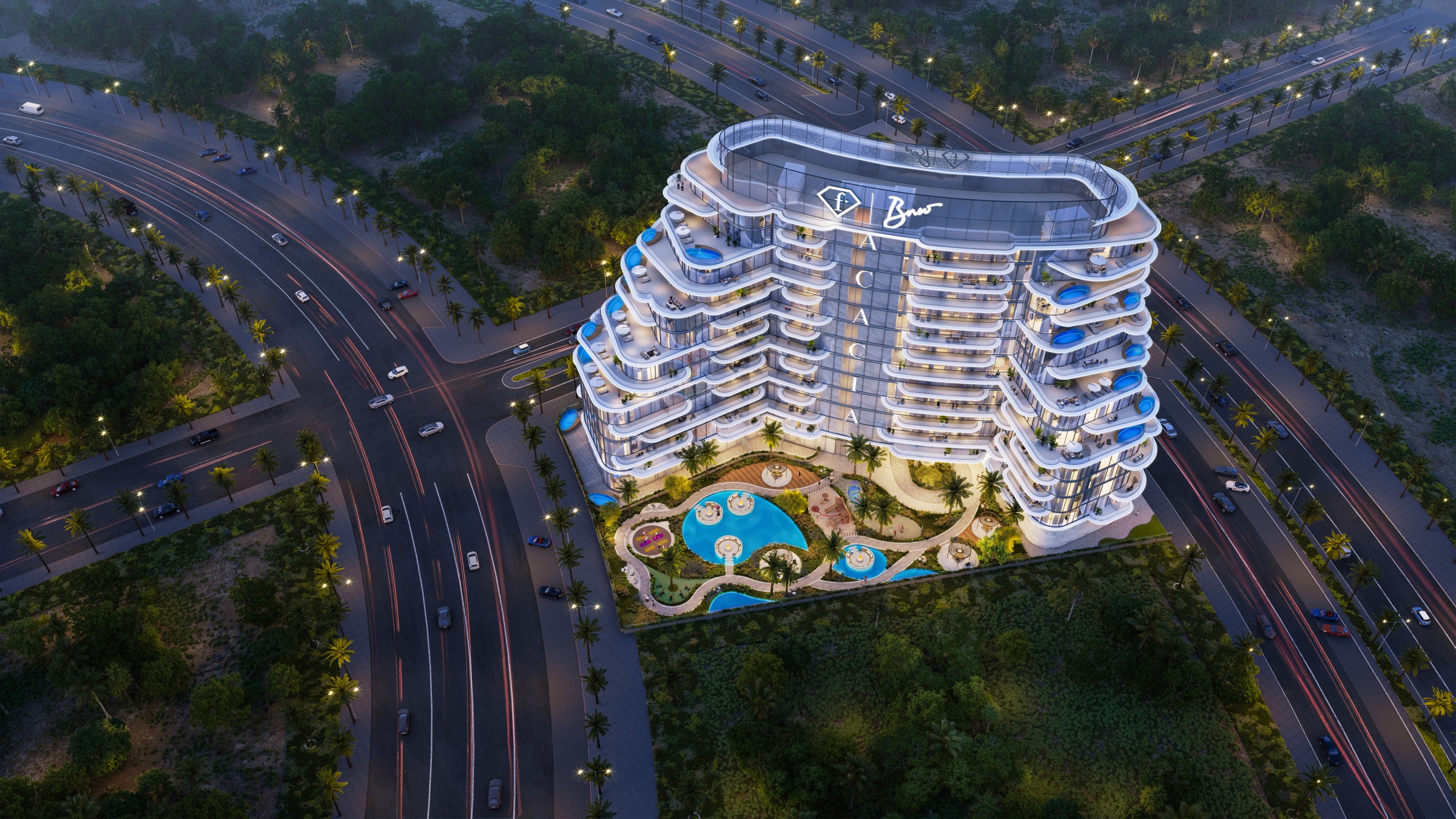 Night aerial view of FashionTV Acacia and its amenity setting on Al Marjan Island