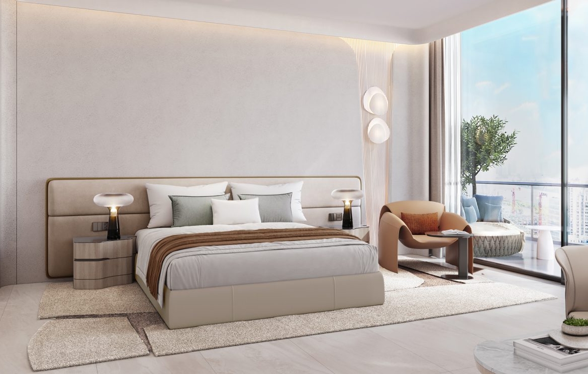 Furnished apartment bedroom interior at La Mazzoni