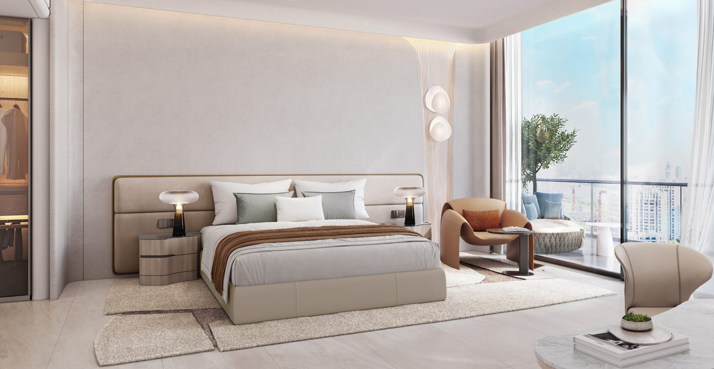 Furnished apartment bedroom interior at La Mazzoni