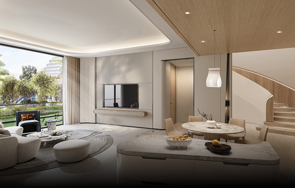 Duplex living and dining interior at La Mazzoni