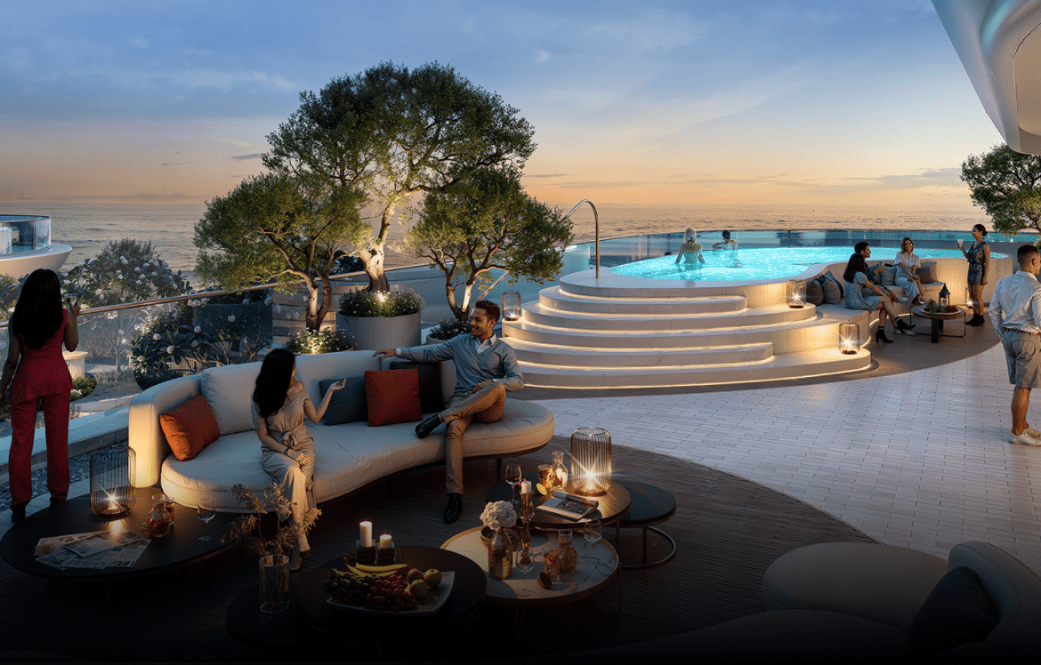 Penthouse terrace and private pool rendering at La Mazzoni