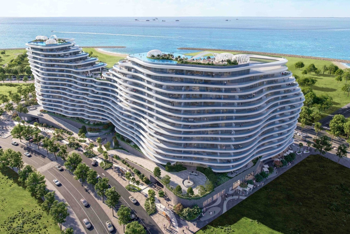 Aerial waterfront rendering of La Mazzoni on Al Marjan Island