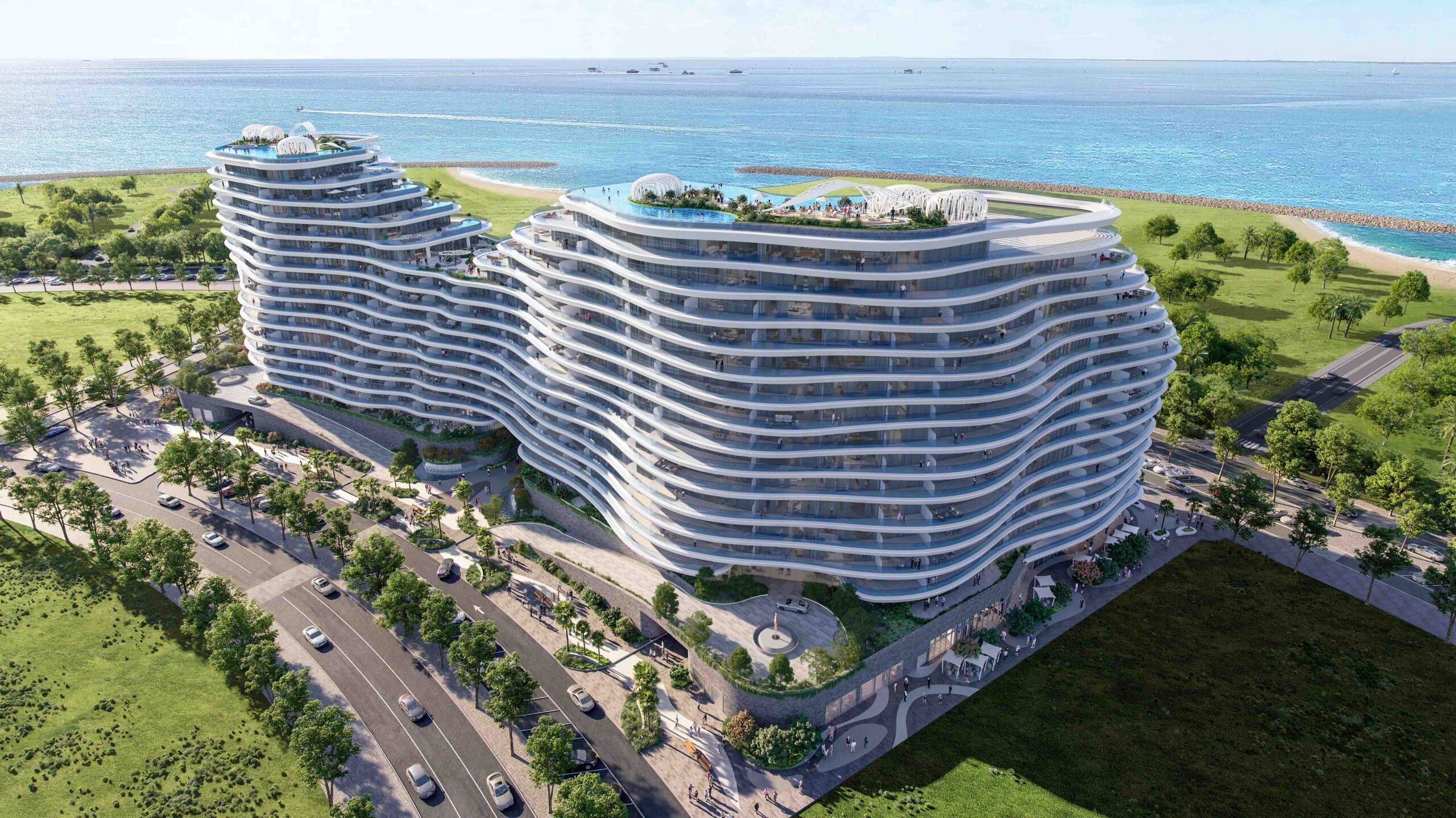 Aerial waterfront rendering of La Mazzoni on Al Marjan Island