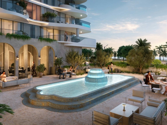 Pool courtyard render of La Perla on Al Marjan Island