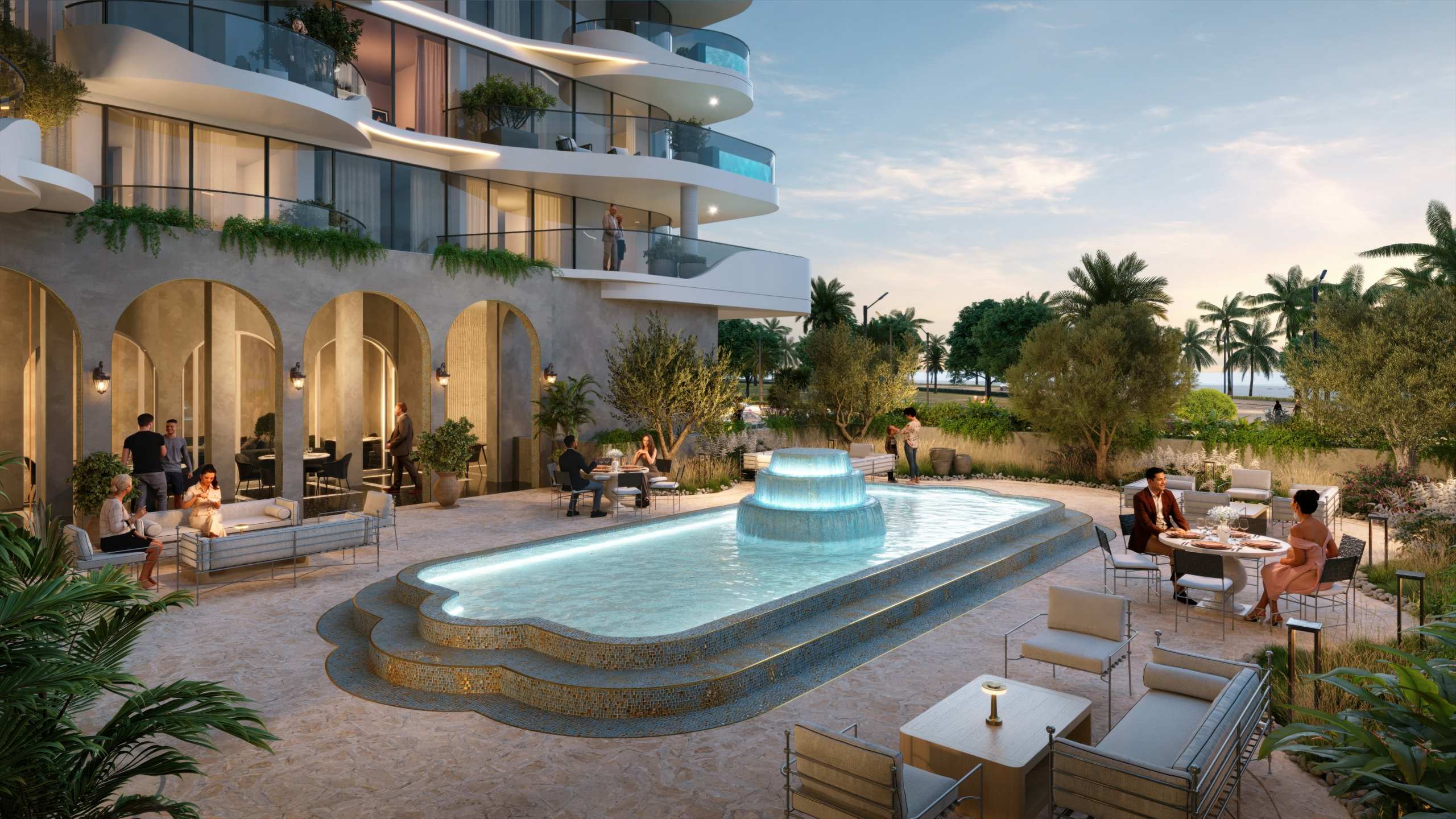 Pool courtyard render of La Perla on Al Marjan Island