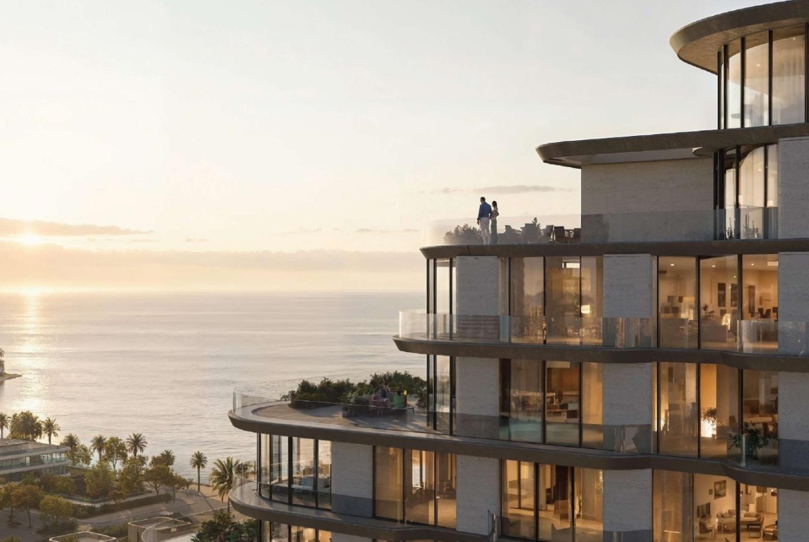 Mirasol II cascading waterfront residence exterior at sunset