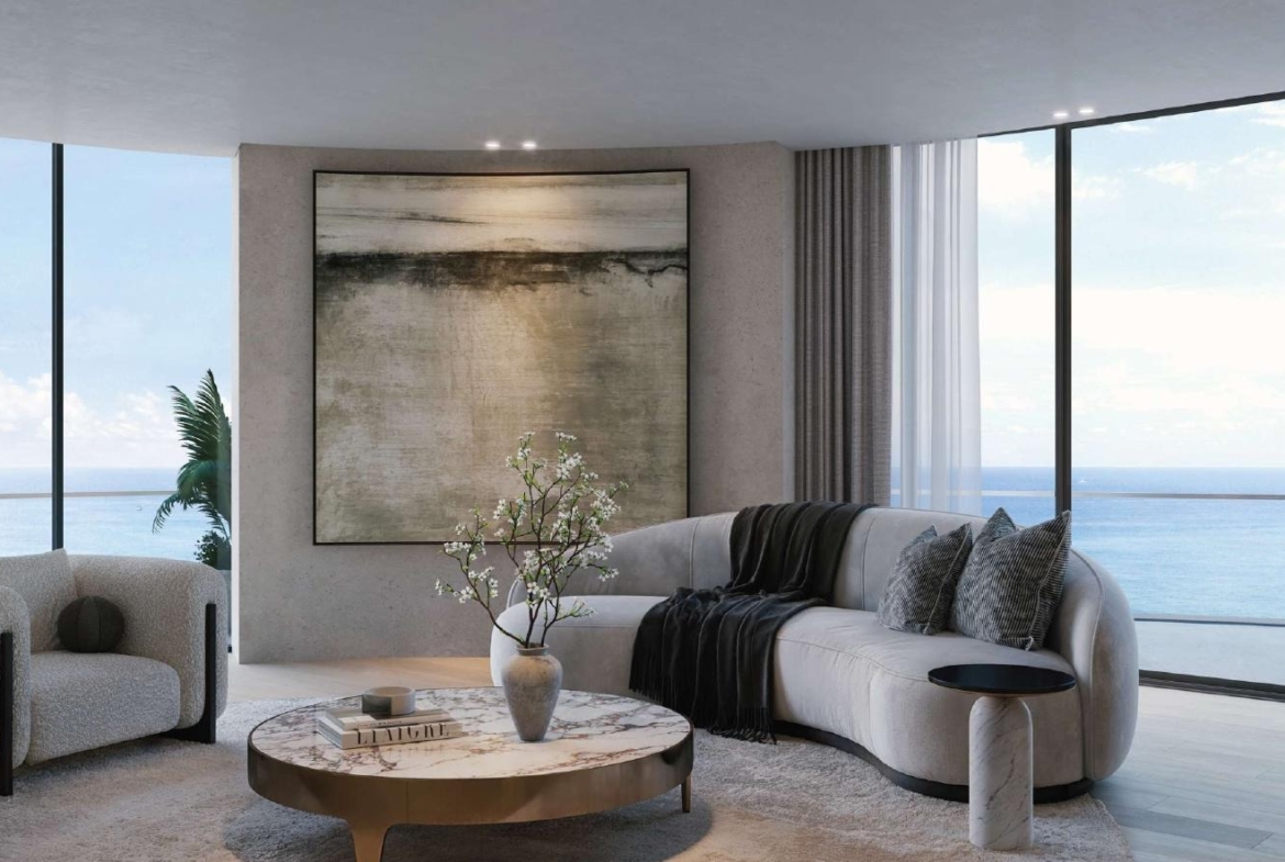Mirasol II apartment living room with waterfront views