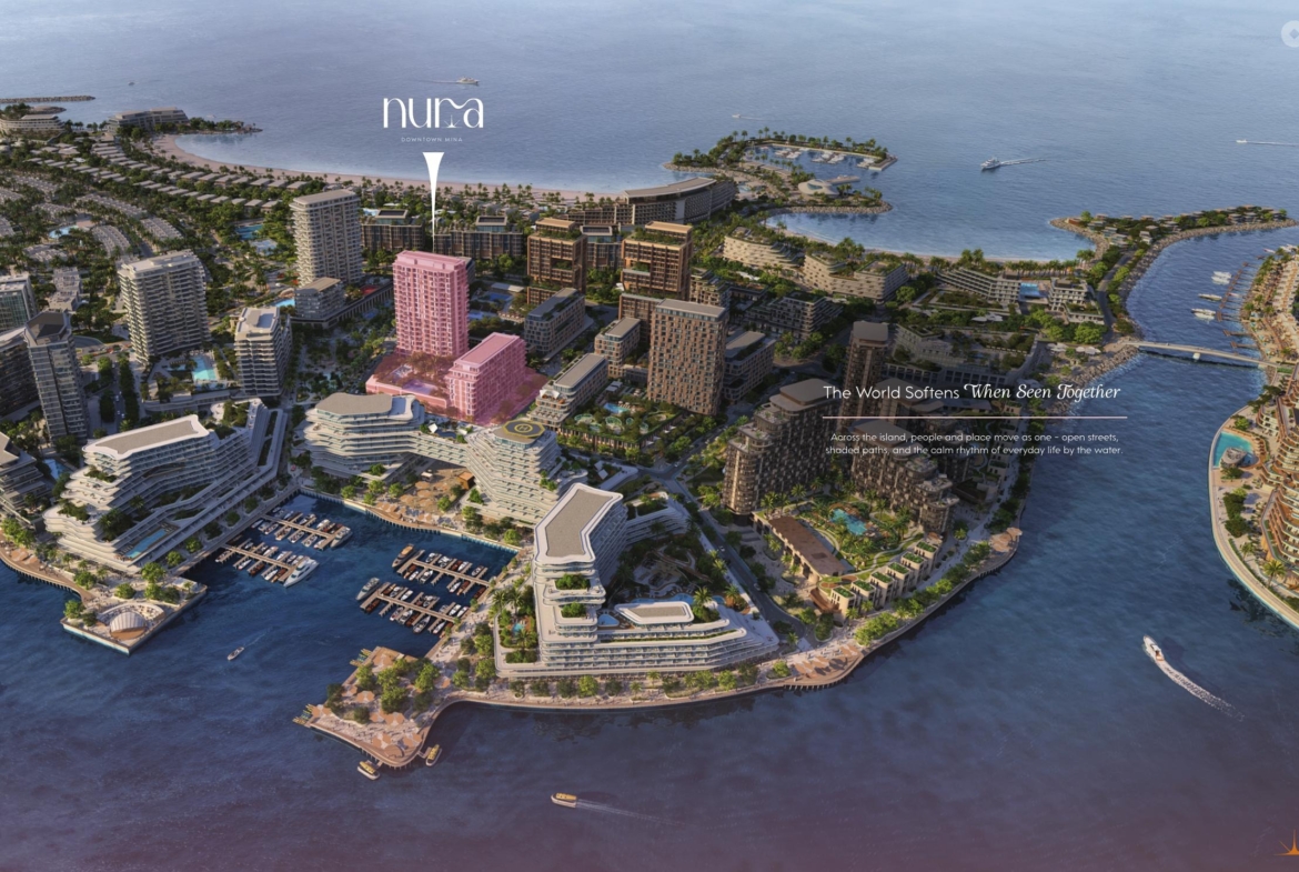 Nura Downtown Mina waterfront aerial rendering in Ras Al Khaimah