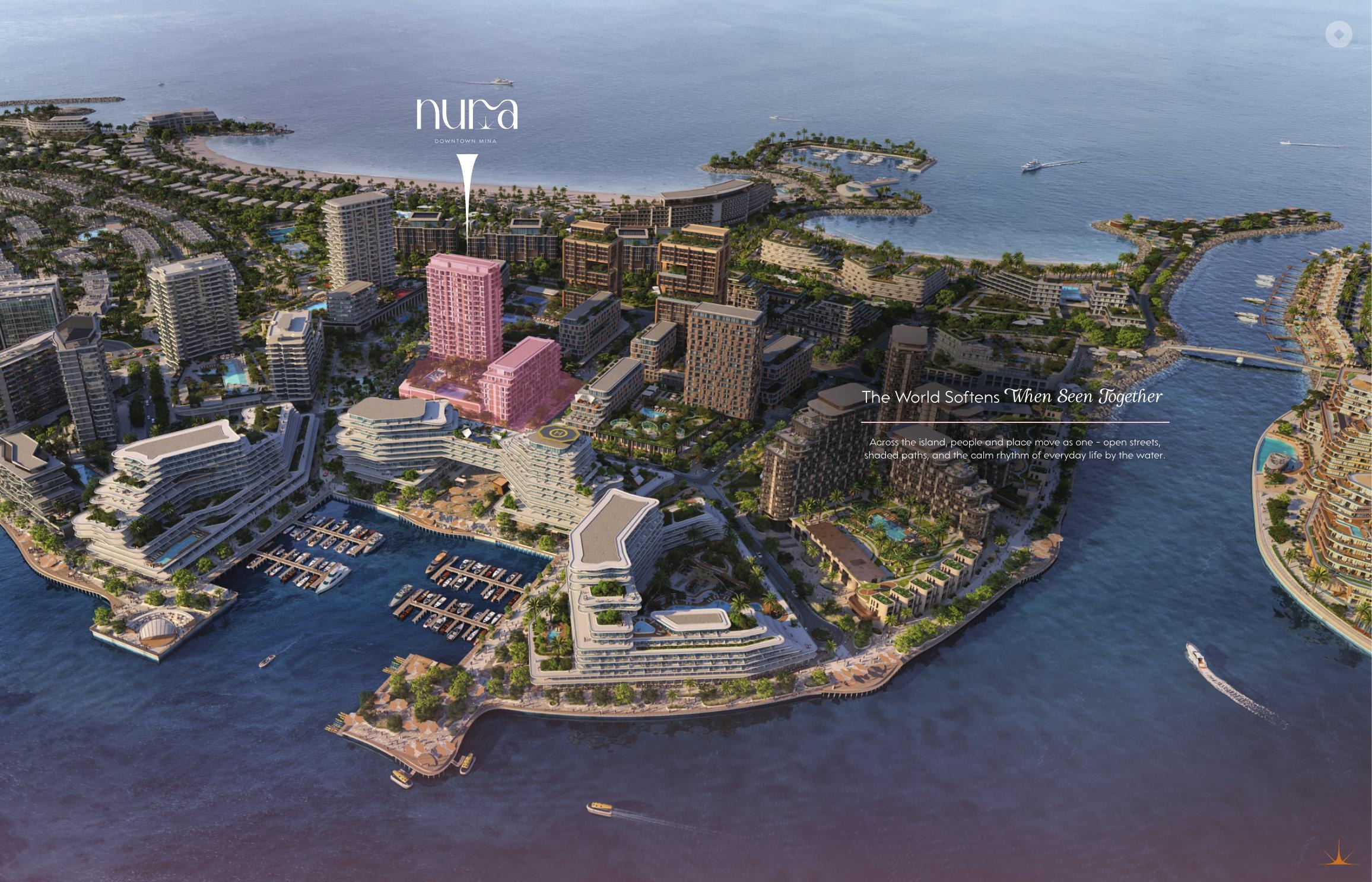 Nura Downtown Mina Aerial Nura Downtown Mina waterfront aerial rendering in Ras Al Khaimah