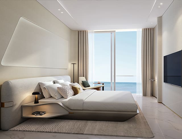 Bedroom interior at Oceano on Al Marjan Island