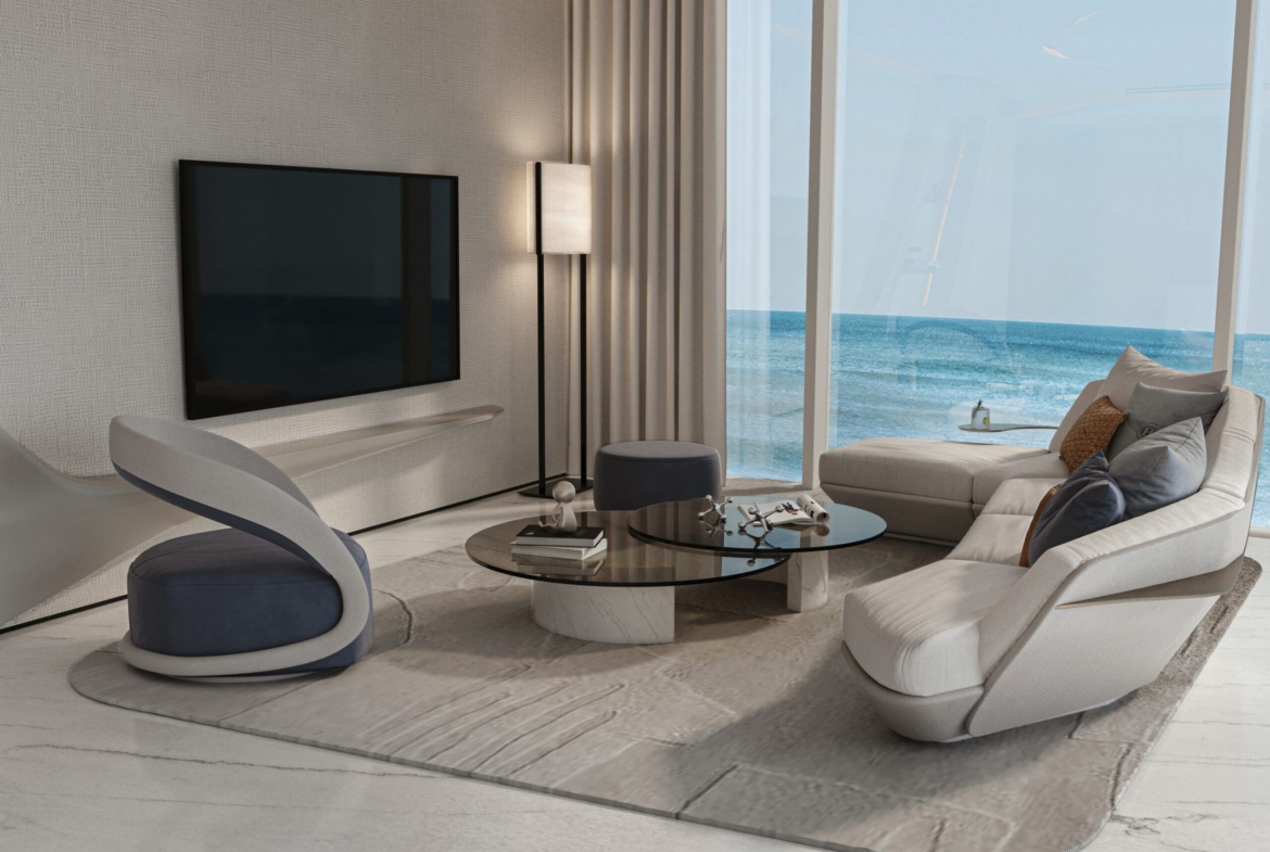 Waterfront living room at Oceano on Al Marjan Island