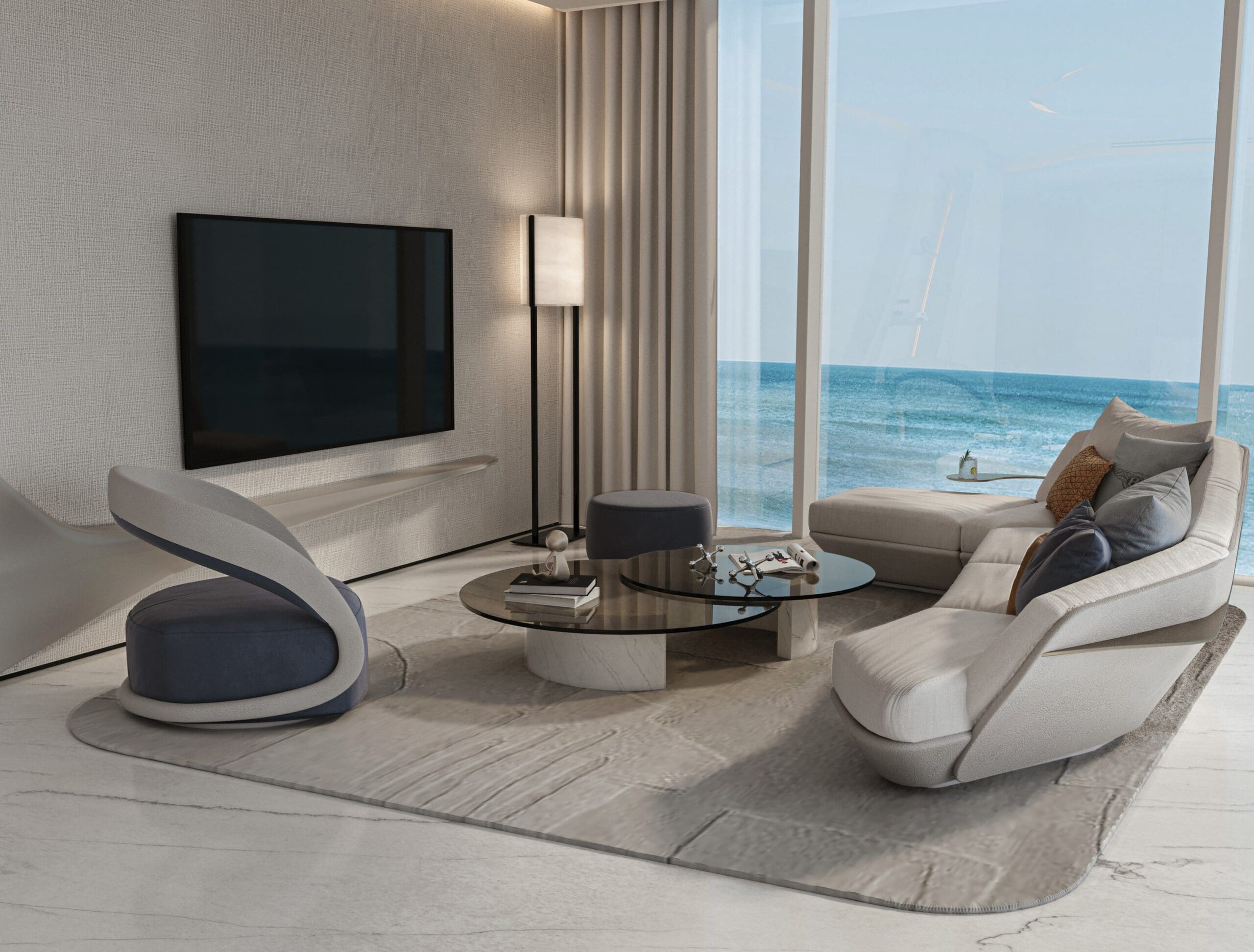 Waterfront living room at Oceano on Al Marjan Island